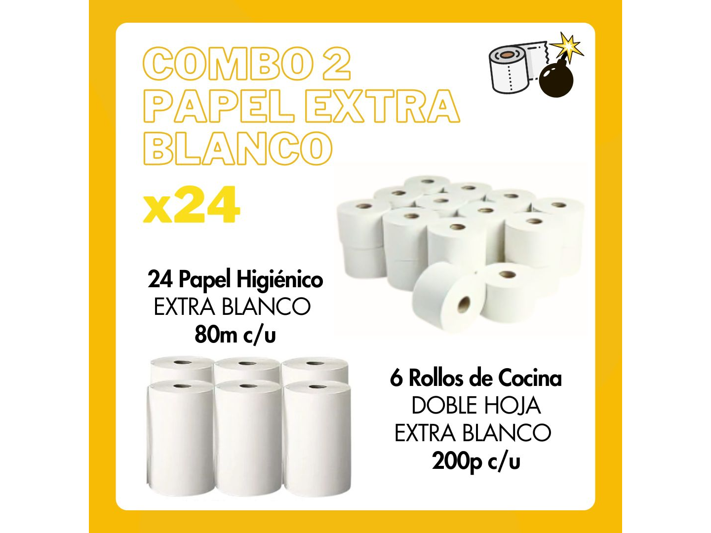 Combo 2: 24 Papel Hig. 80 mts + 6 R. Cocina 200 paños "Extra Blanco"