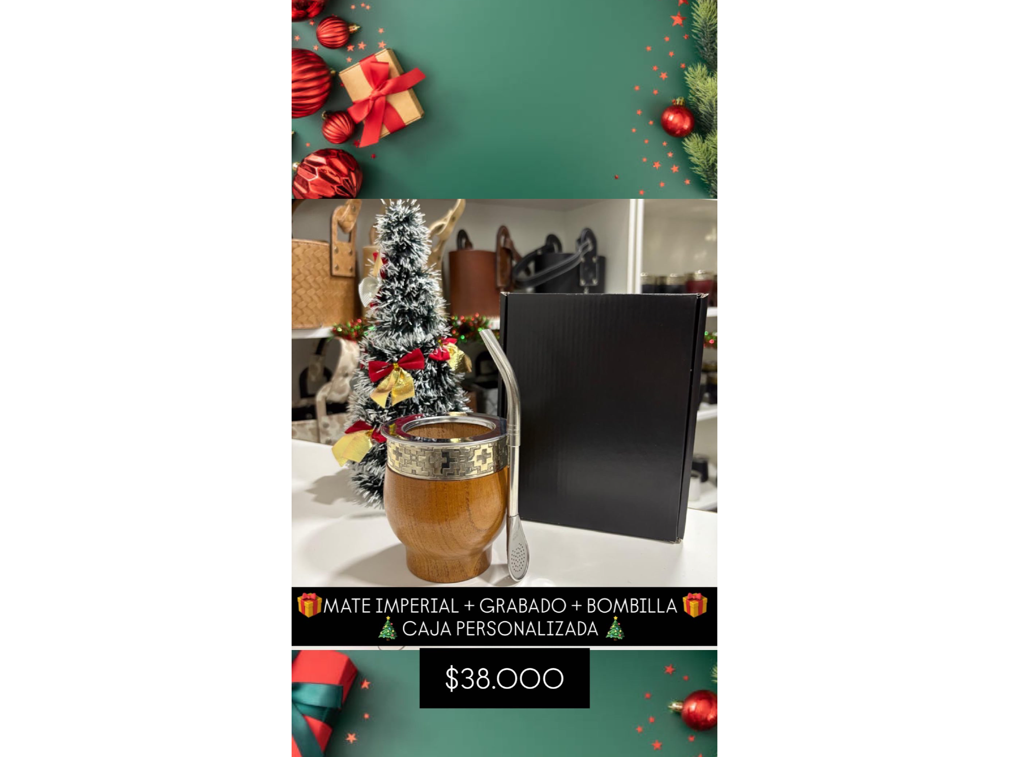 MATE IMPERIAL ALGARROBO CON GRABADO Y BOMBILLA PICO LORO Y CAJA REGALO NEGRA