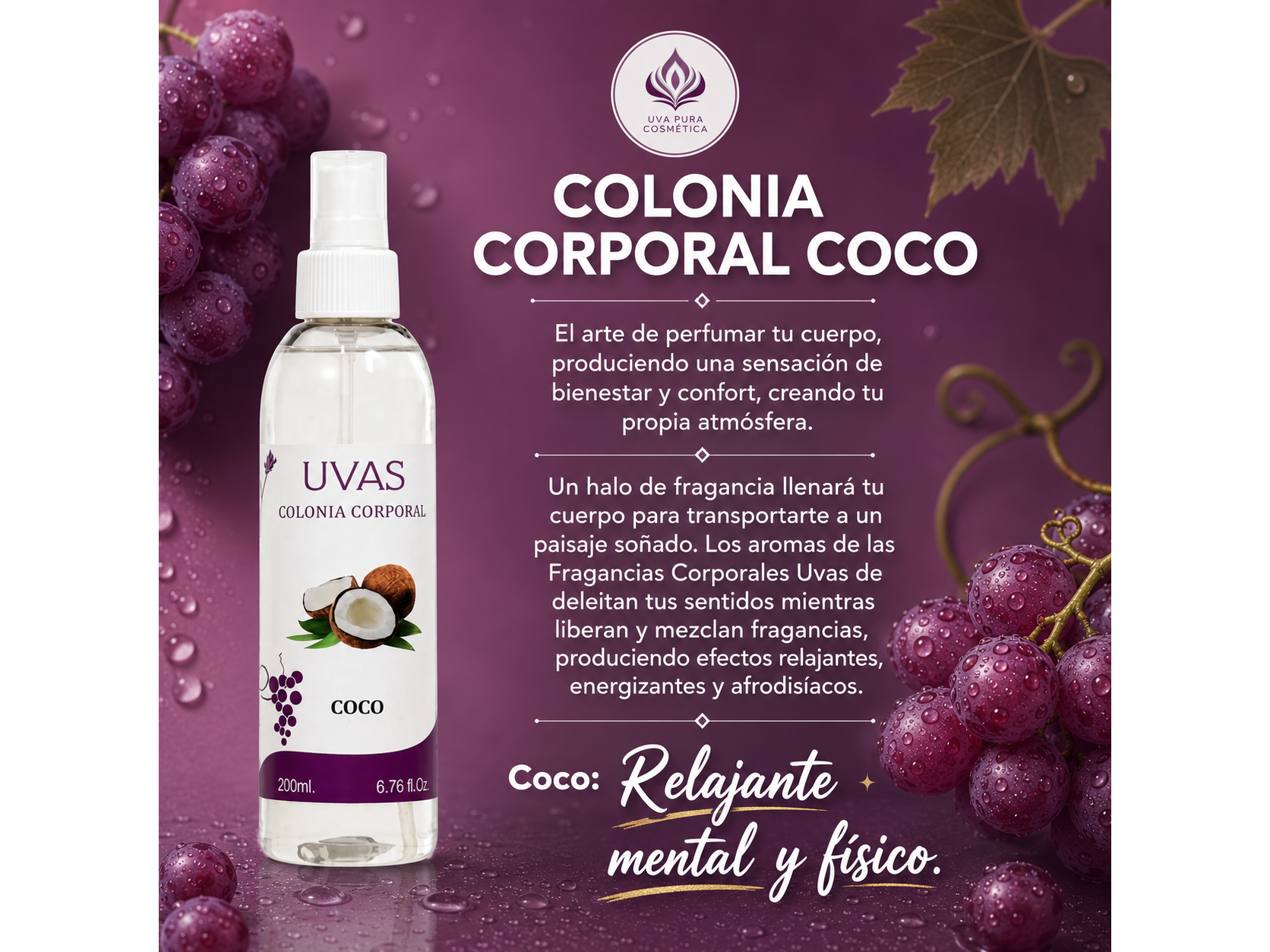 Fragancia Coco- 200 ML- Apta Celiacos- de UVAPURACOSMETICA