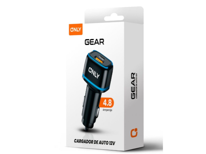 CARGADOR 12V GEAR MODS-504 – 1 USB + 1 TC + CABLE TIPO C – ONLY – NEGRO