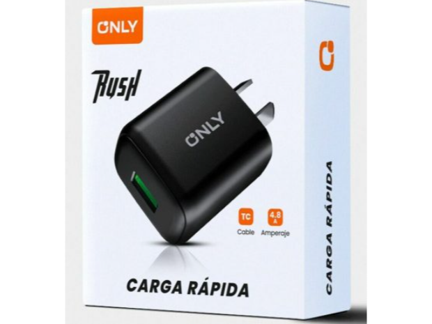 CARGADOR 220V MODO-018 4.8A – RUSH – 1USB + CABLE V8 – ONLY – NEGRO