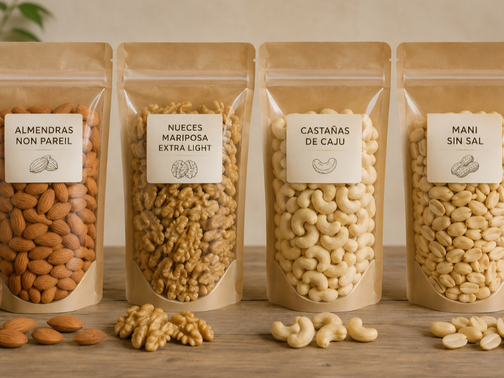 Nueces, almendras,  castañas de cajú y maní sin sal