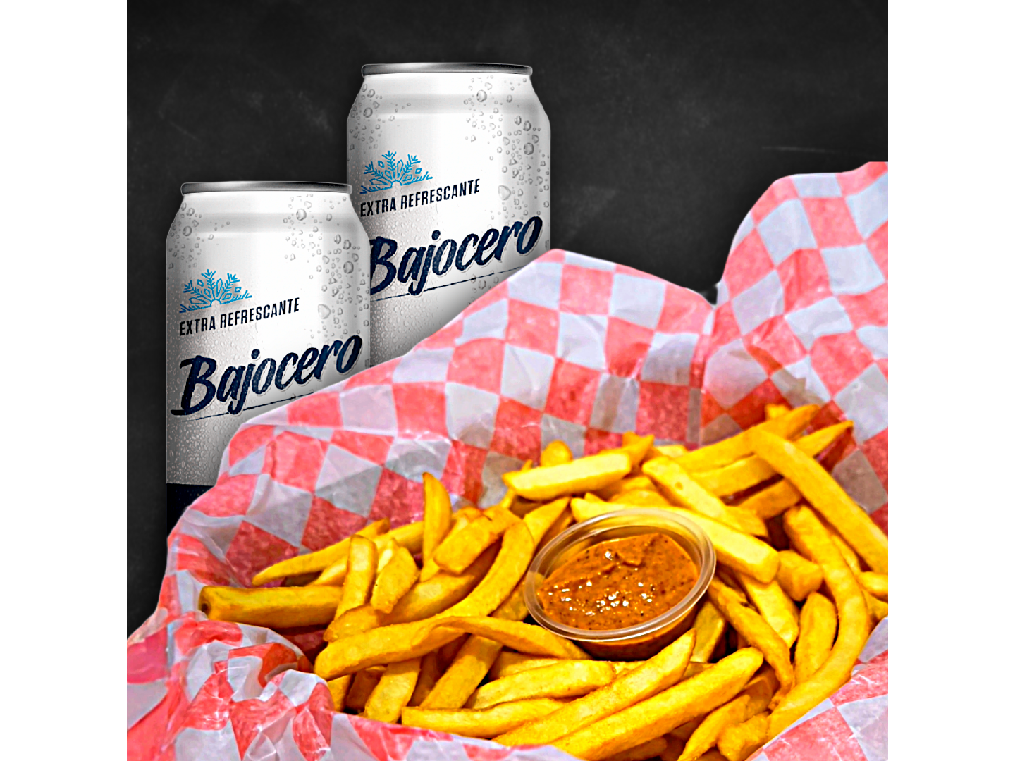 Porción de papas de 400 g con un dip a elección + 2 Quilmes 473 cc