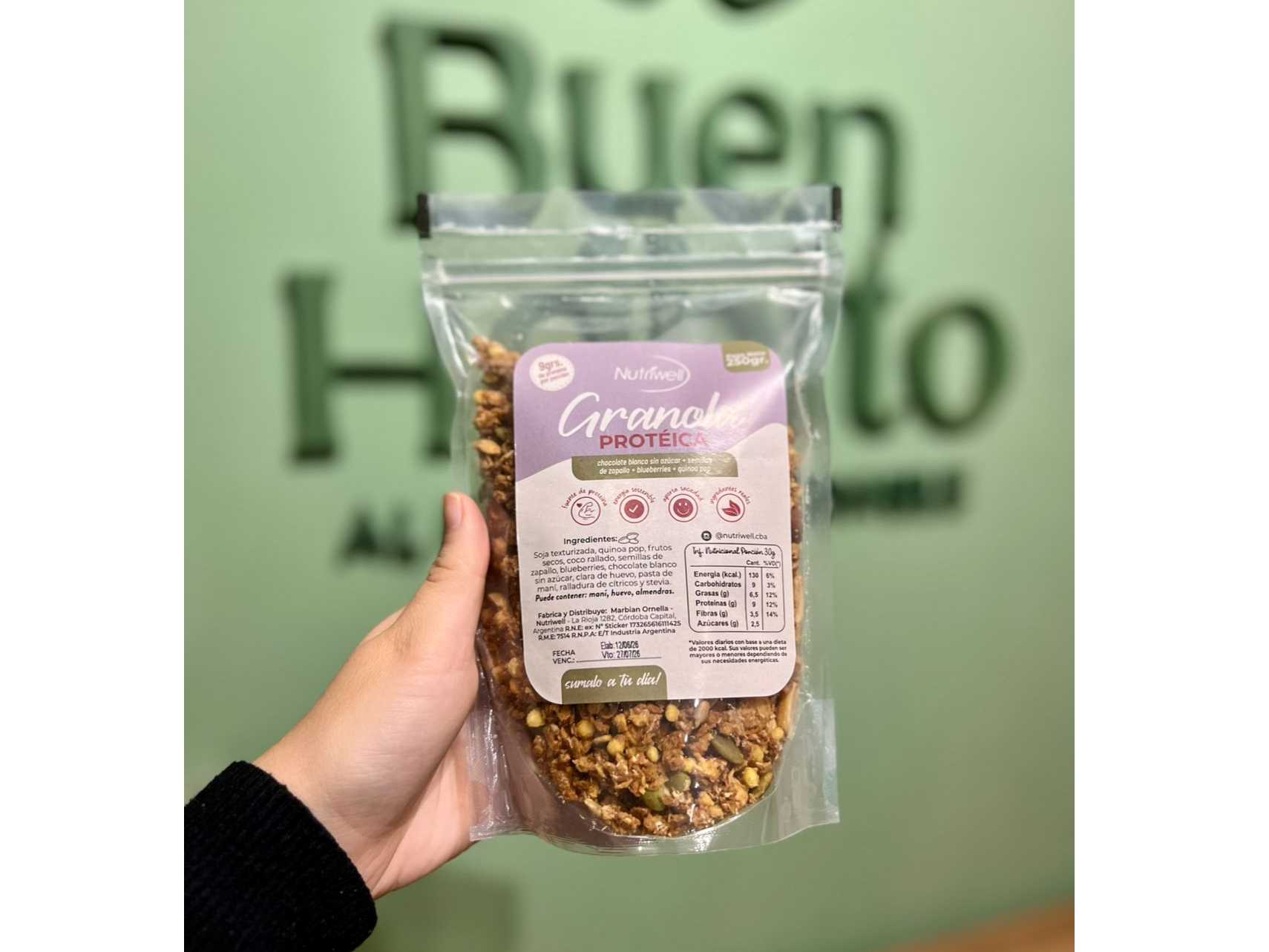 Granola proteica sin azucar (choco blanco, s. zapallo, arandanos, quinoa pop)