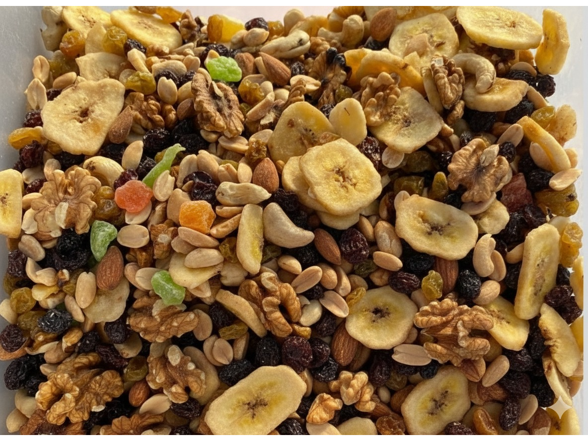 MIX TROPICAL (banana, ananá, pasas de uvas rubias y negras, almendras, nueces, castaña de cajú, maní)
