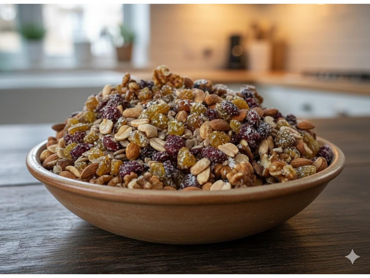 MIX PATAGÓNICO (nueces, almendras, manzana en cubos, arándanos, maní, s/girasol, pasas de uvas rubias, coco en escamas)