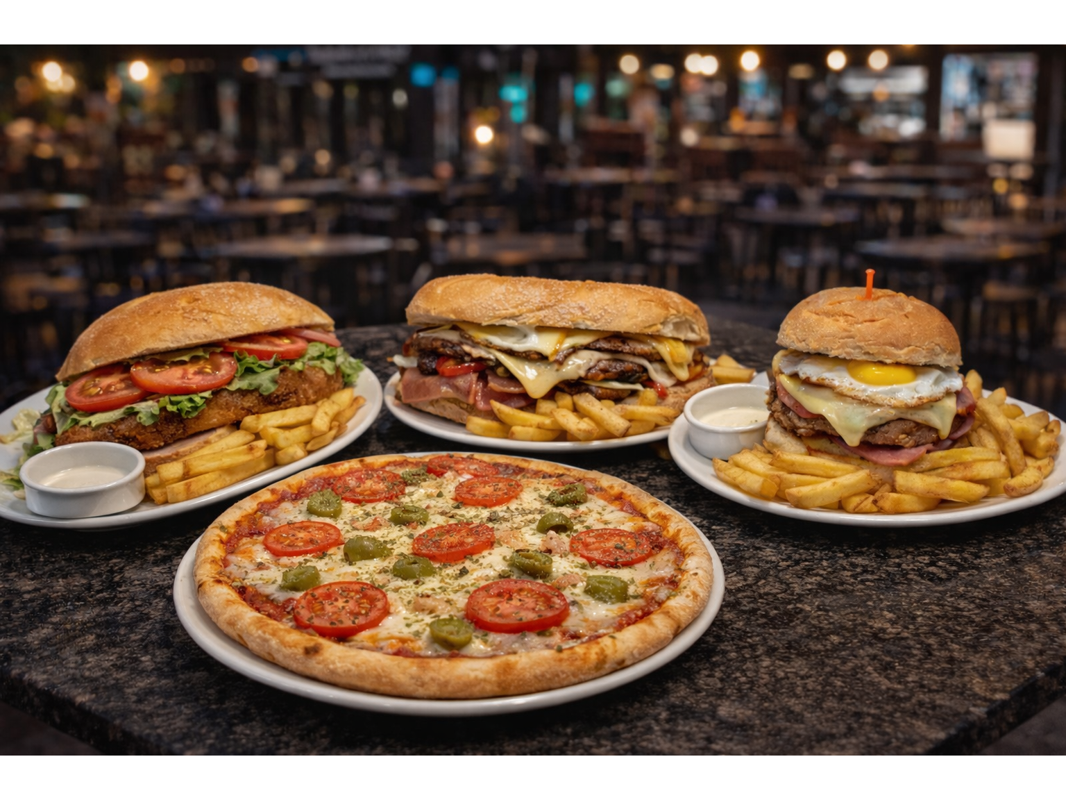 1 sandwich de Milanesa completo + 1 Lomo Completo + 1 Hamburguesa Completa+ 1 Pizza Napolitana