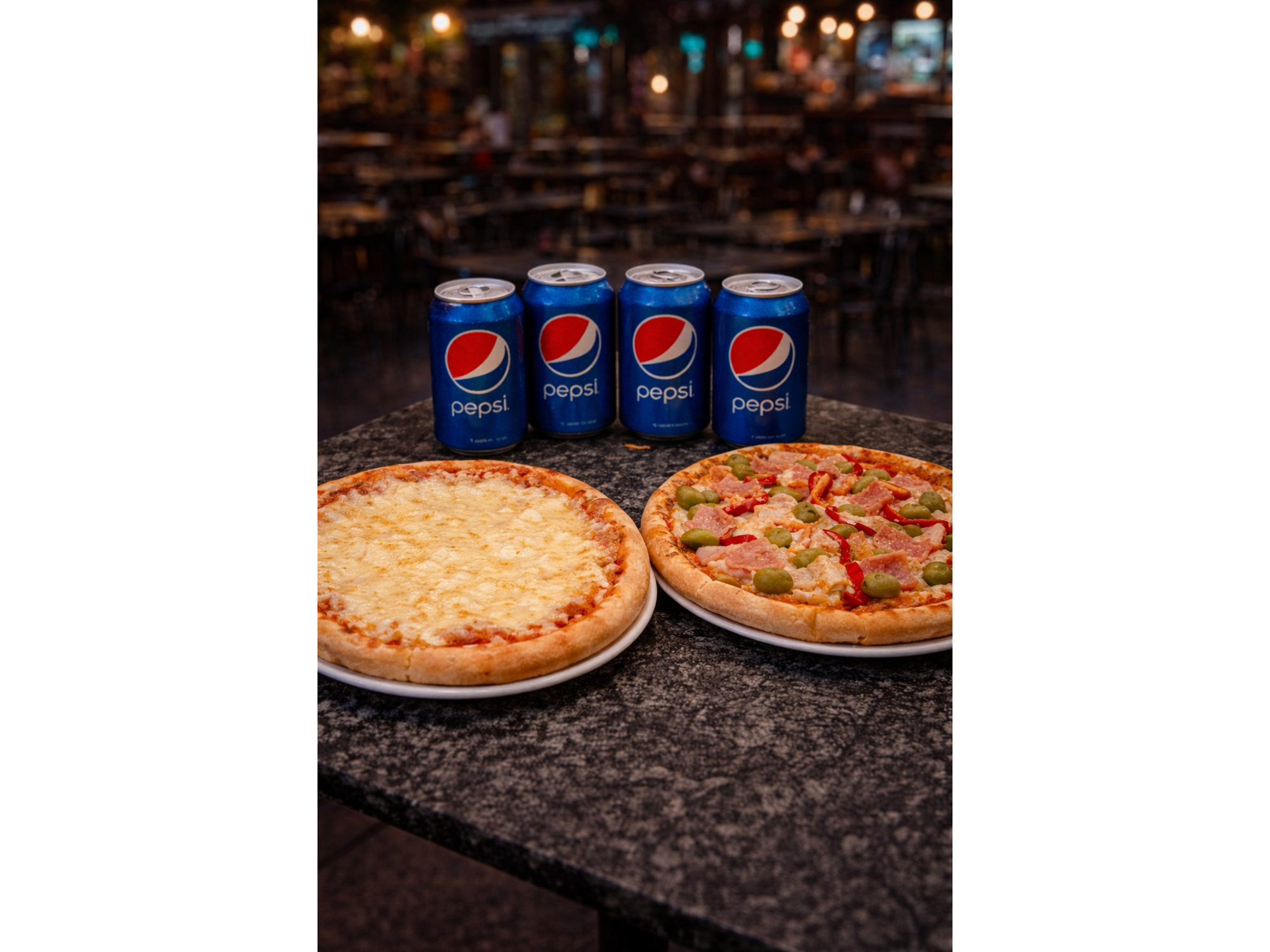 1 Muzza y 1 Especial + 4 latas linea pepsi o agua saborizada o cerveza