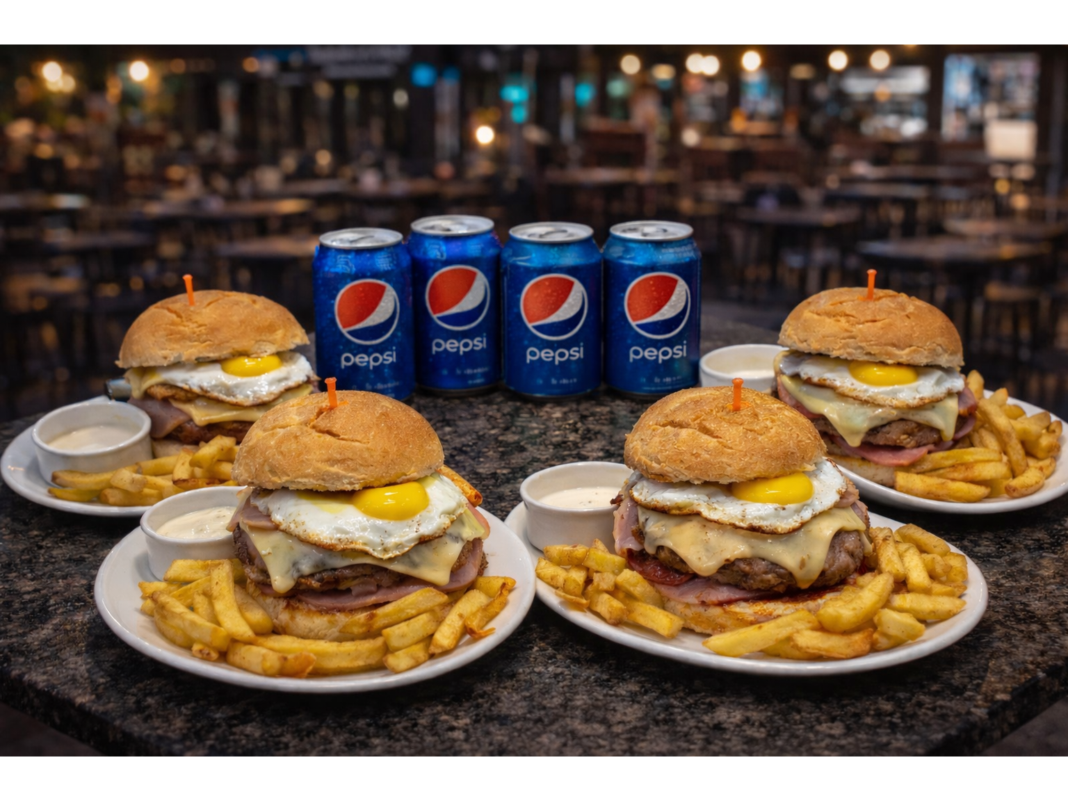 4 Hamburguesas completas con papas fritas +4 latas linea pepsi o agua saborizada o 4 latas de cerveza