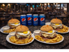 4 Hamburguesas completas con papas fritas +4 latas linea pepsi o agua saborizada o 4 latas de cerveza