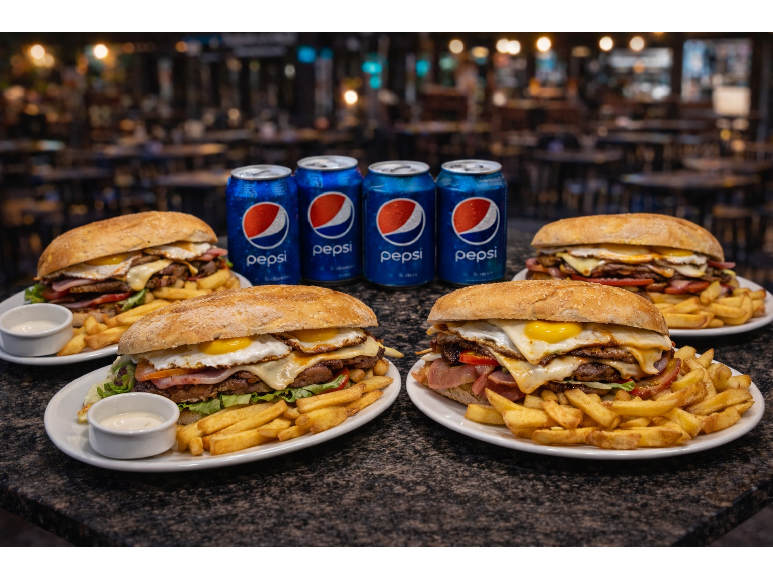 4 Lomos Completos con fritas + 4 latas linea pepsi o agua saborizada