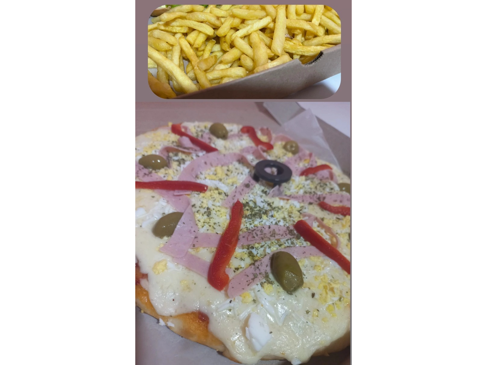 Pizza especial y papas fritas común