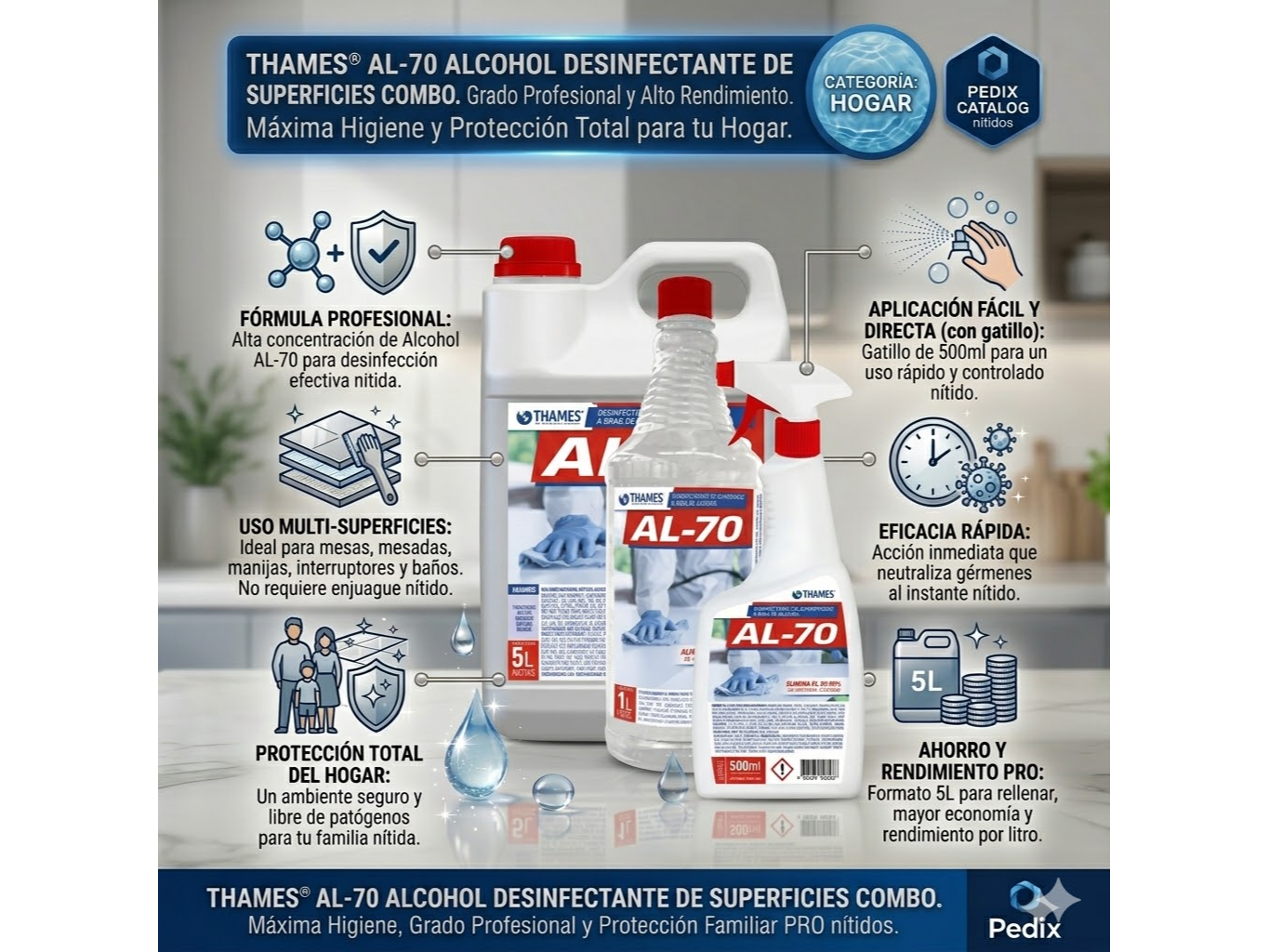 Alcohol AL-70 thames 5Lt /1Lt /500 ml con gatilo