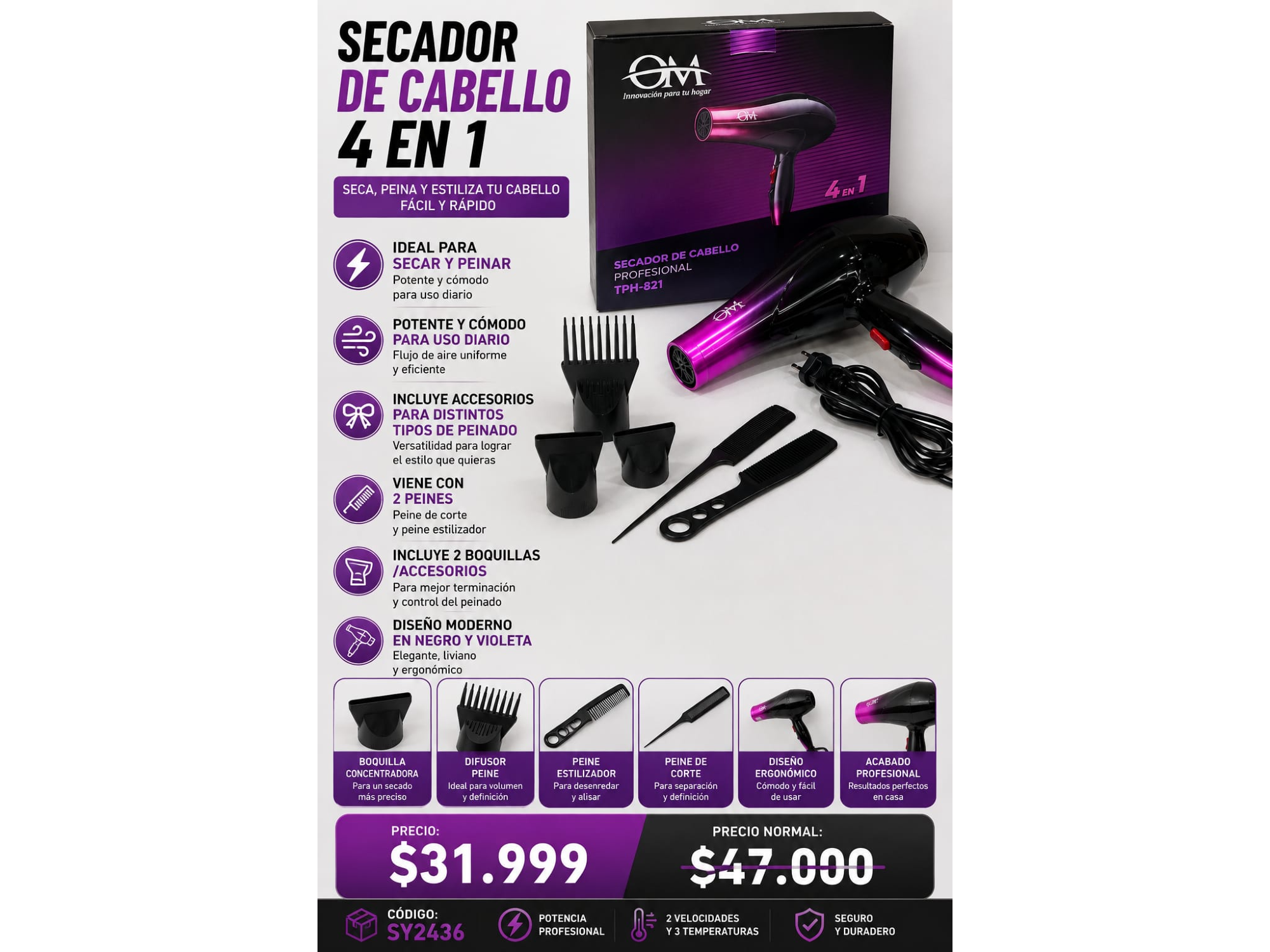 SECADOR DE CABELLO 4 EN 1 OM(:SY2436)