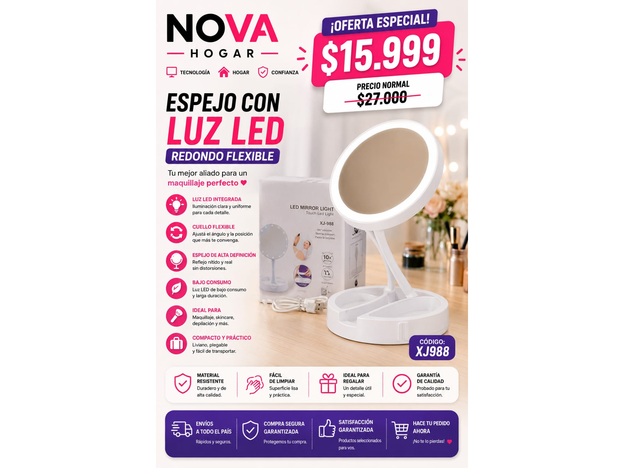 ESPEJO CON LUZ LED REDONDO FLEXIBLE (COD:XJ988)