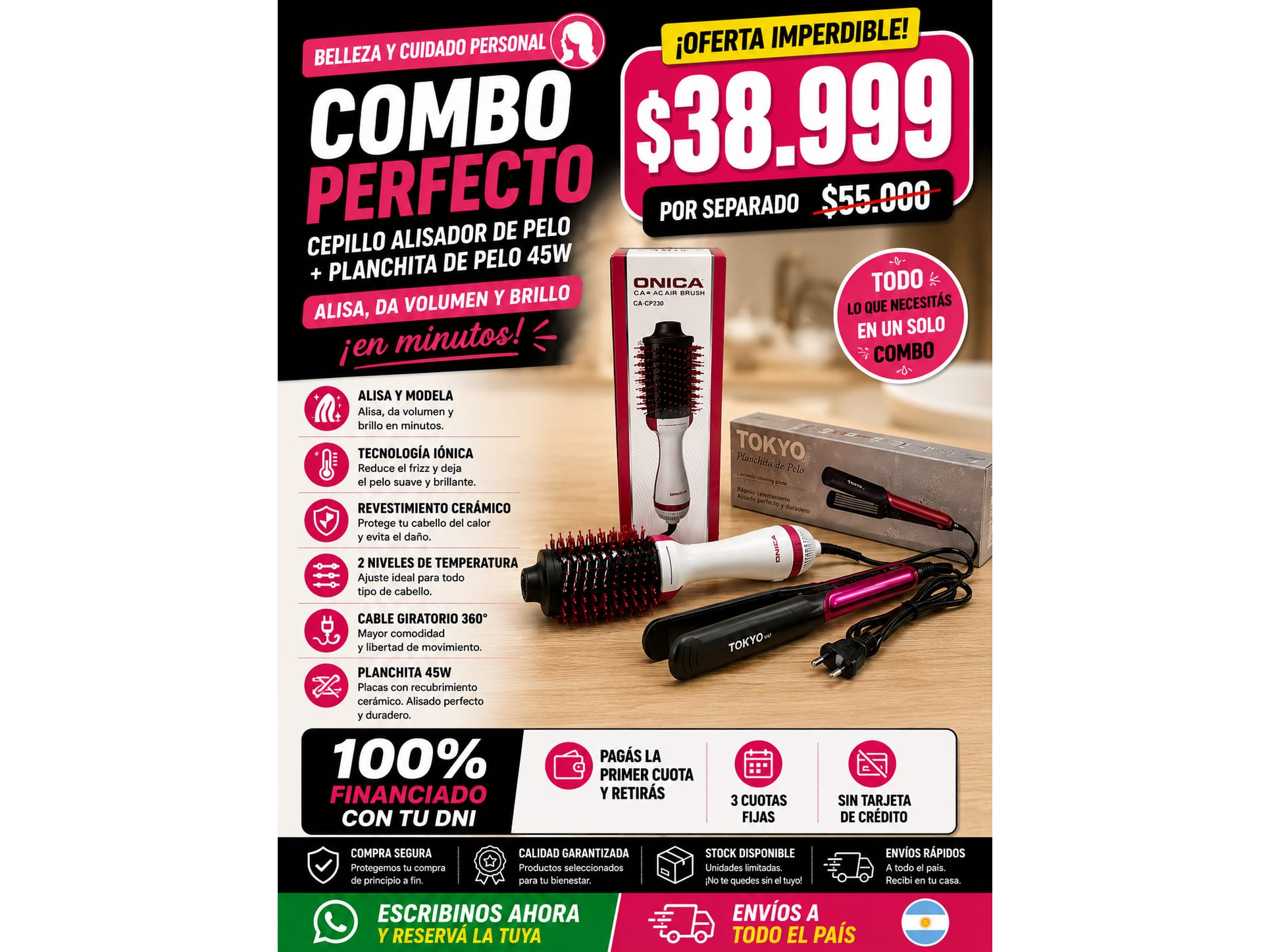 CEPILLO ALISADOR DE PELO(1000W)+PLANCHA DE PELO(45WTOKYO)