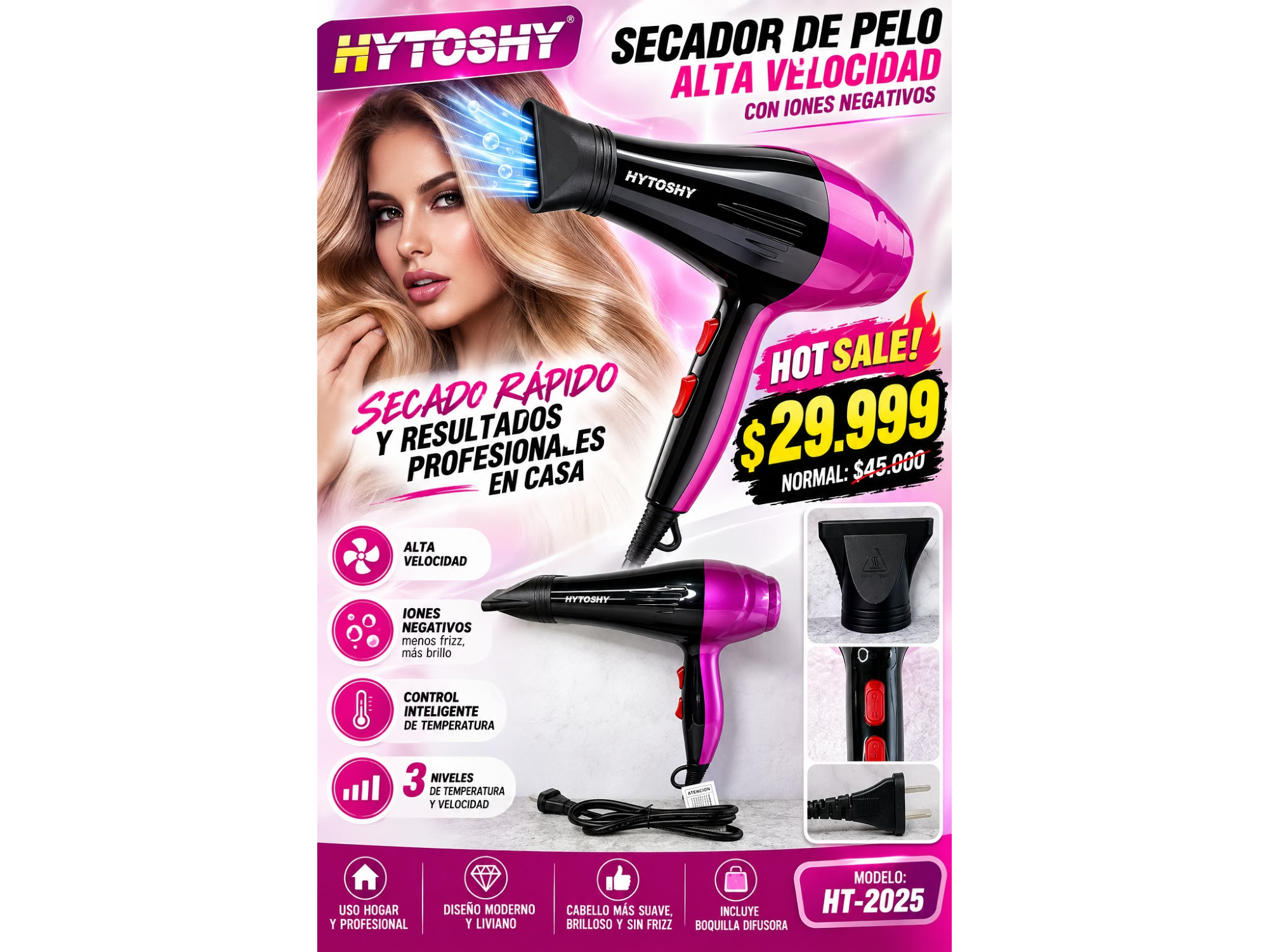 SECADOR DE PELO ALTA VELOCIDAD CON IONES NEGATIVOS(COD:HT-2025)