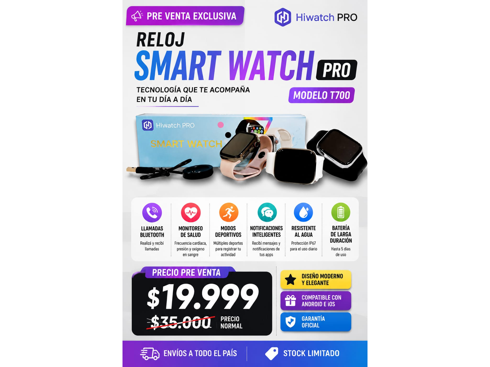 RELOJ SMARTWATCH PRO MODELO T700