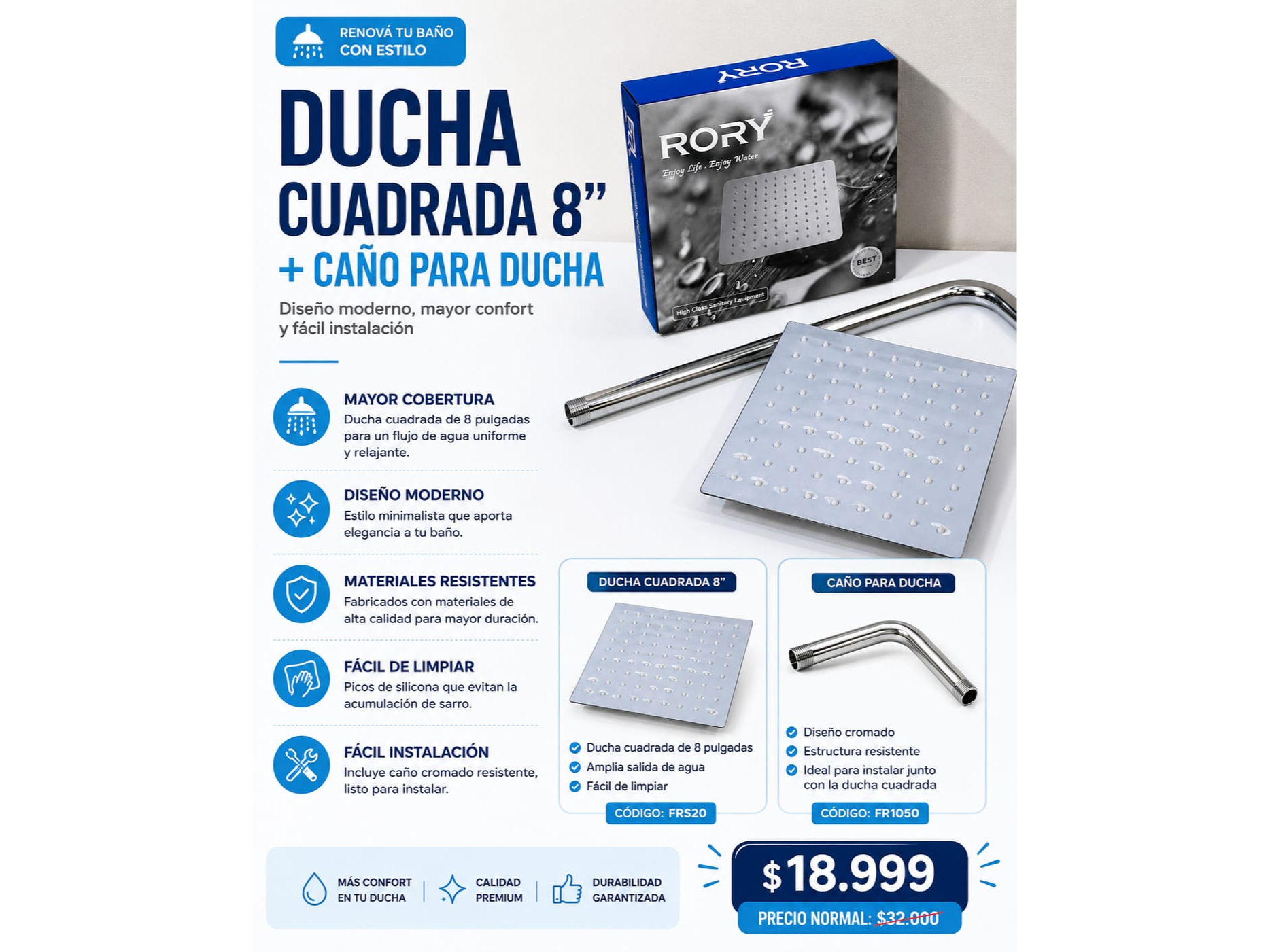 DUCHA CUADRADA 8"+CAÑO PARA DUCHA (COD:FRS20//FR1050)