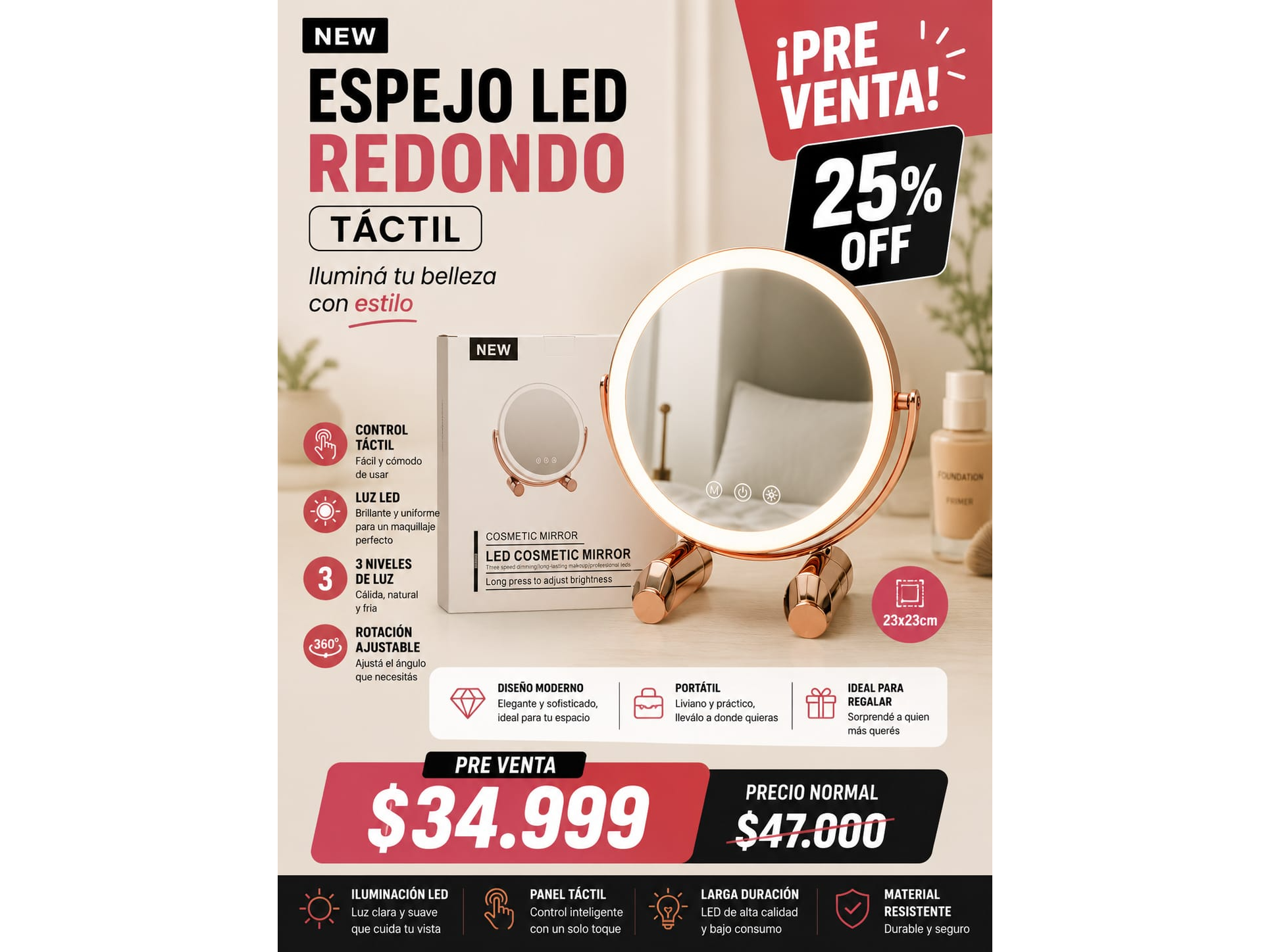 ESPEJO LED REDONDO TACTIL