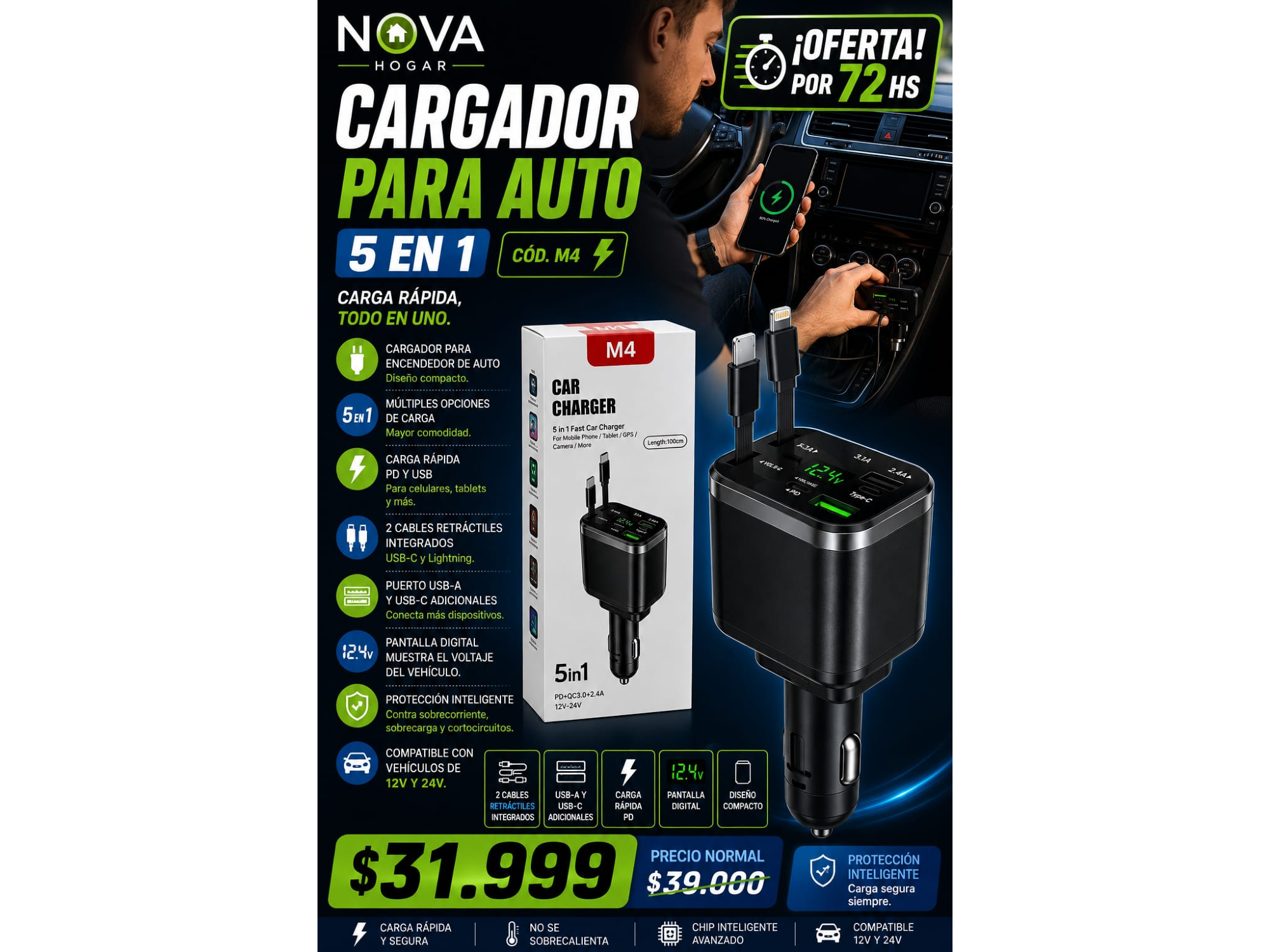 CARGADOR PARA AUTO 5 EN 1(COD:M4⚡️)