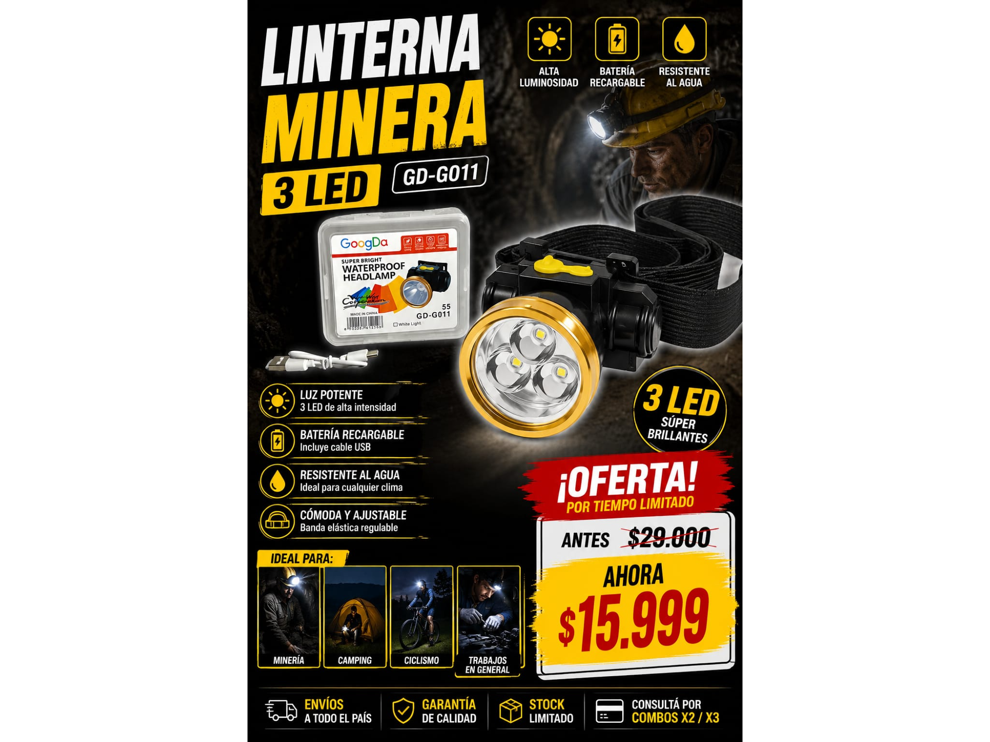 LINTERNA MINERA 3 LED GD-G011