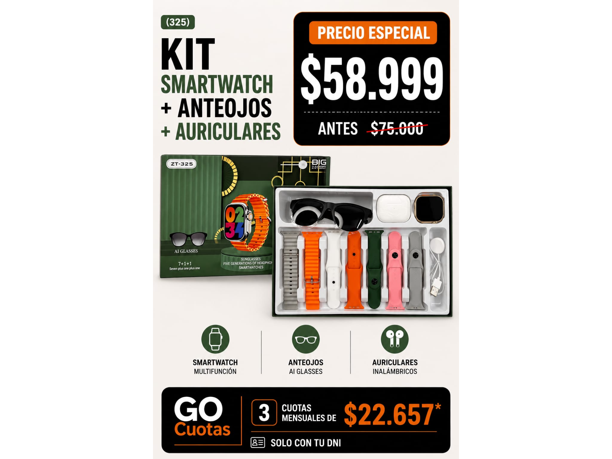 KIT SMARTWATCH+ANTEOJOS+AURICULARES(325)