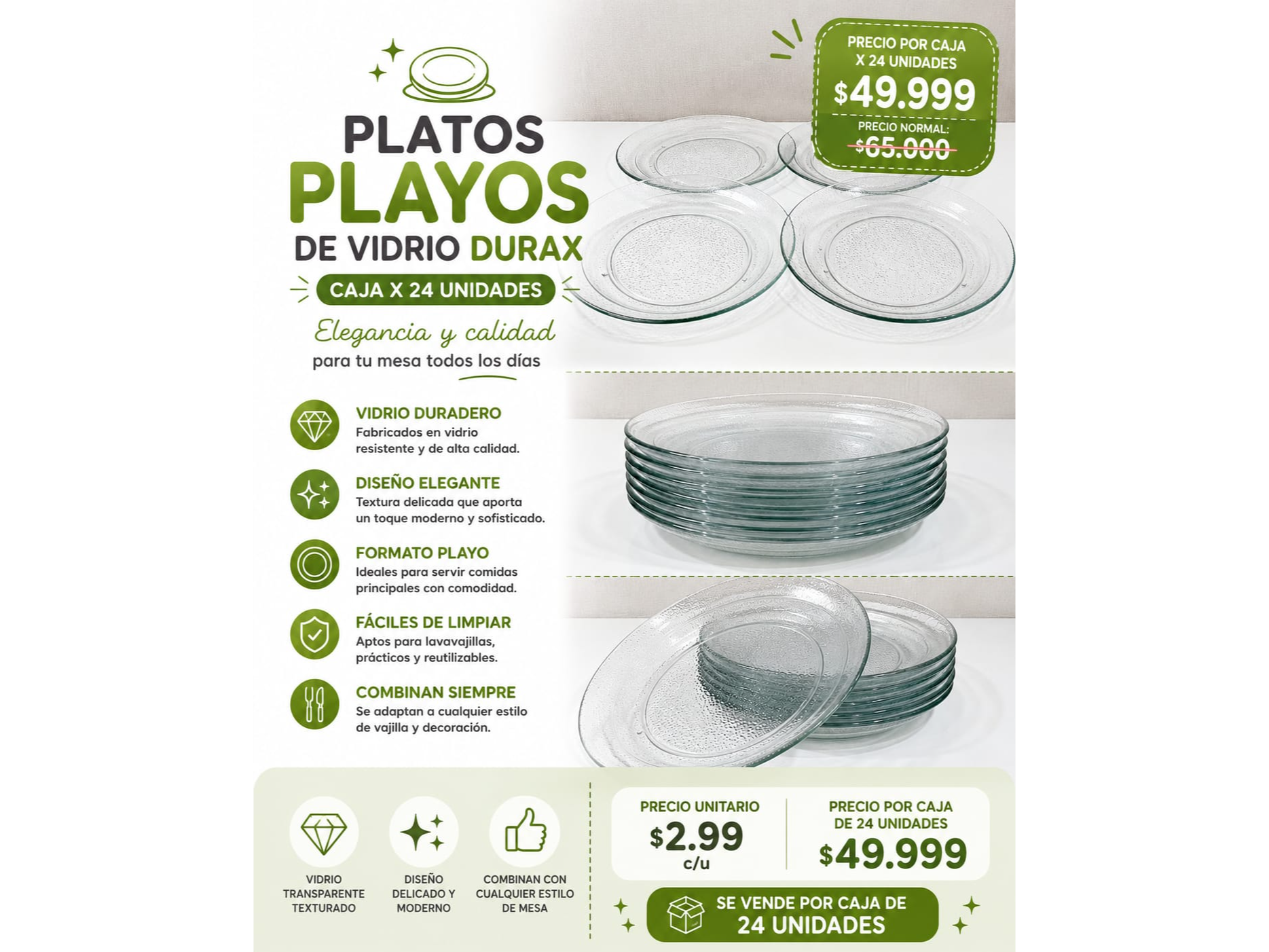PLATOS PLAYOS  DE VIDRIO DURAX X24 UNIDADES
