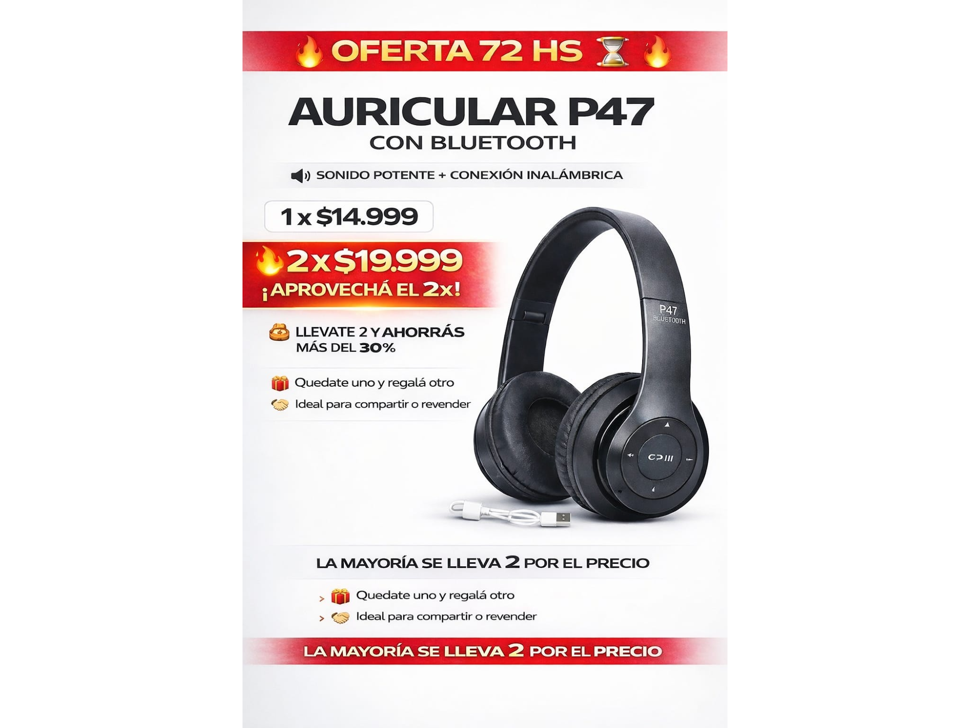 COMBO 2×1 AURICULAR P47 CON BLUETOOTH