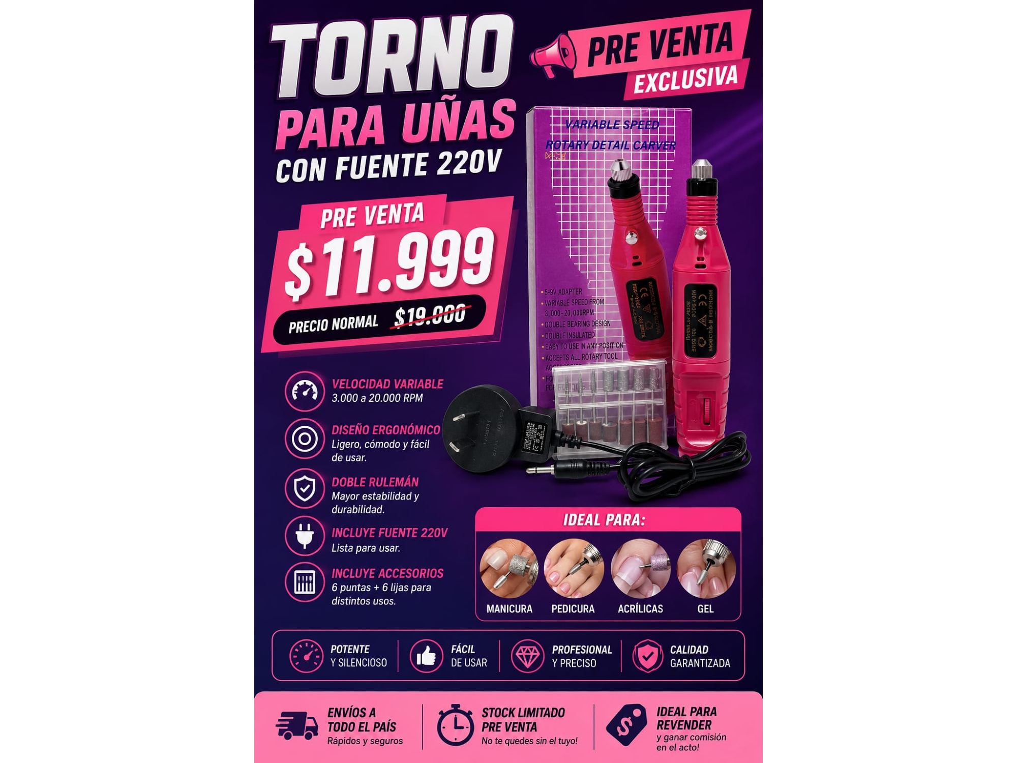 TORNO PARA UÑAS CON FUENTE 220V