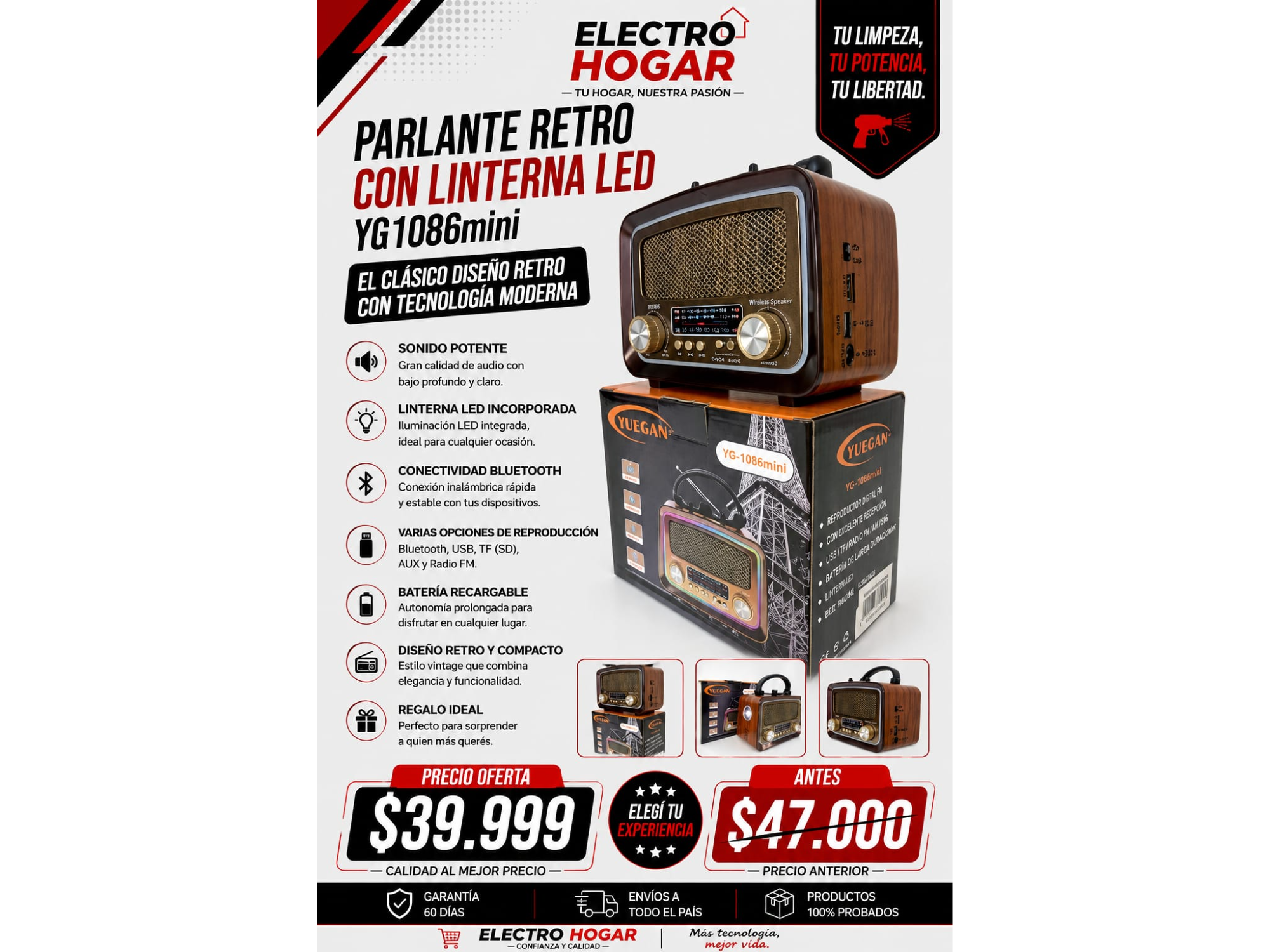 PARLANTE RETRO CON LINTERNA LED YG 1086 MINI