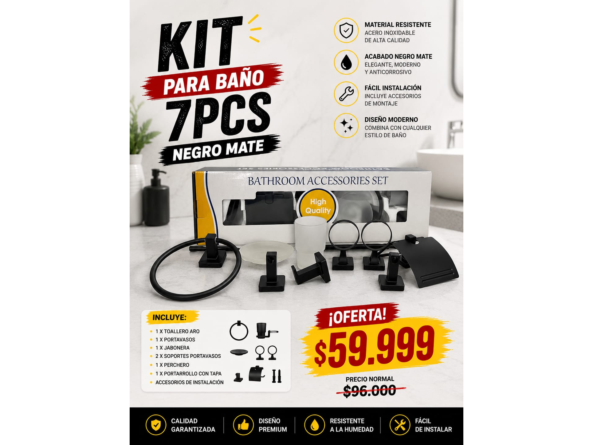 KIT PARA BAÑO 7PCS MATE NEGRO