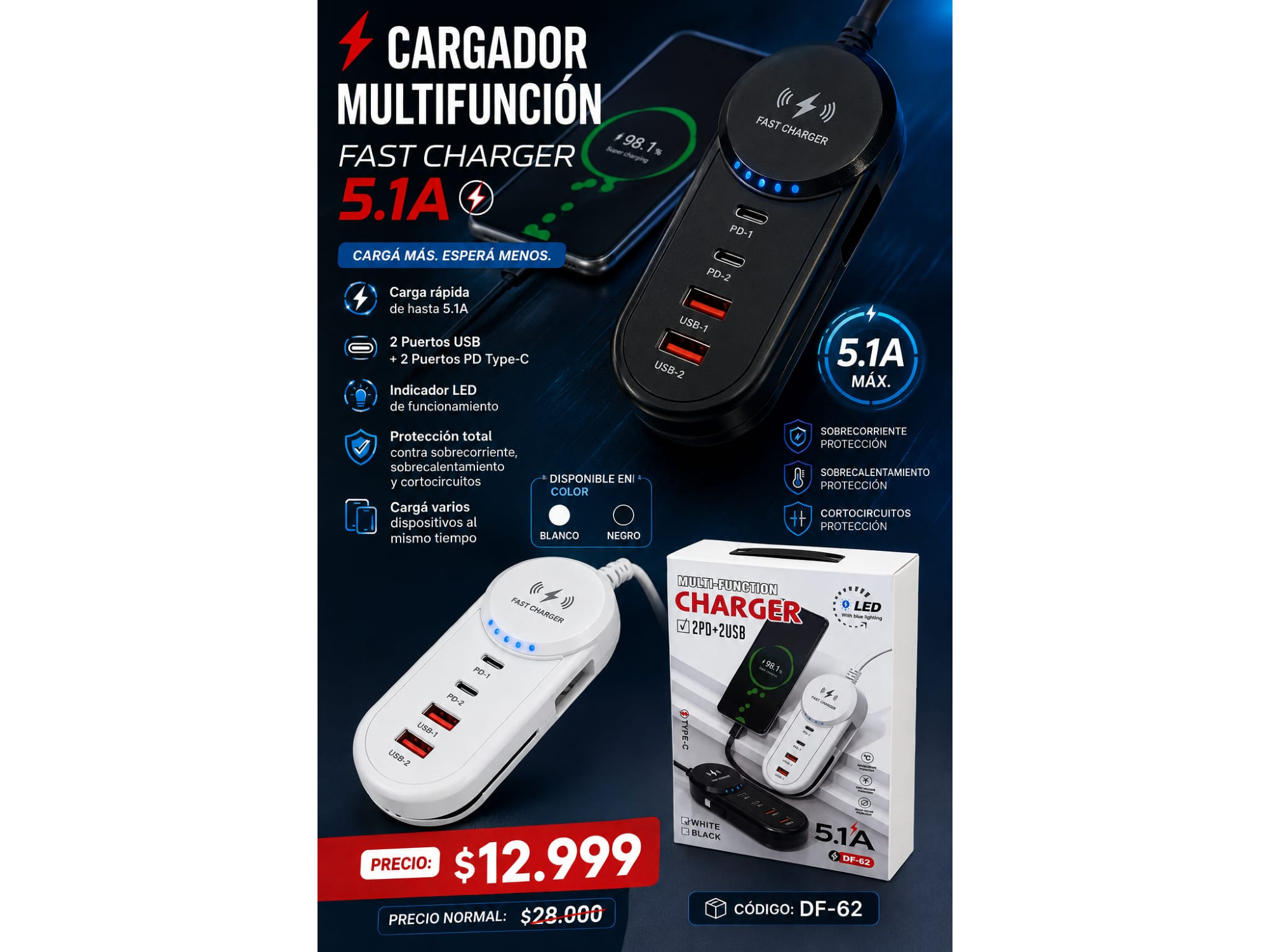 CARGADOR MULTIFUNCION FAST CHARGER 5.1A(COD:DF-62)