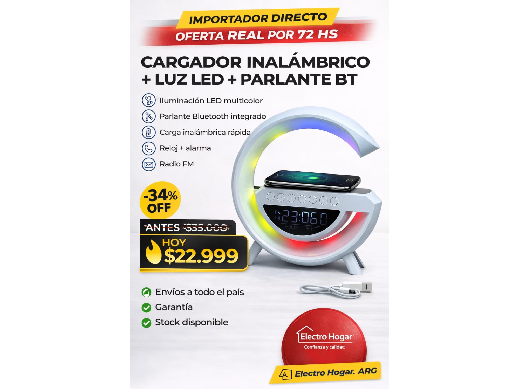CARGADOR INALAMBRICO +LUZ LED+PARLANTE BT