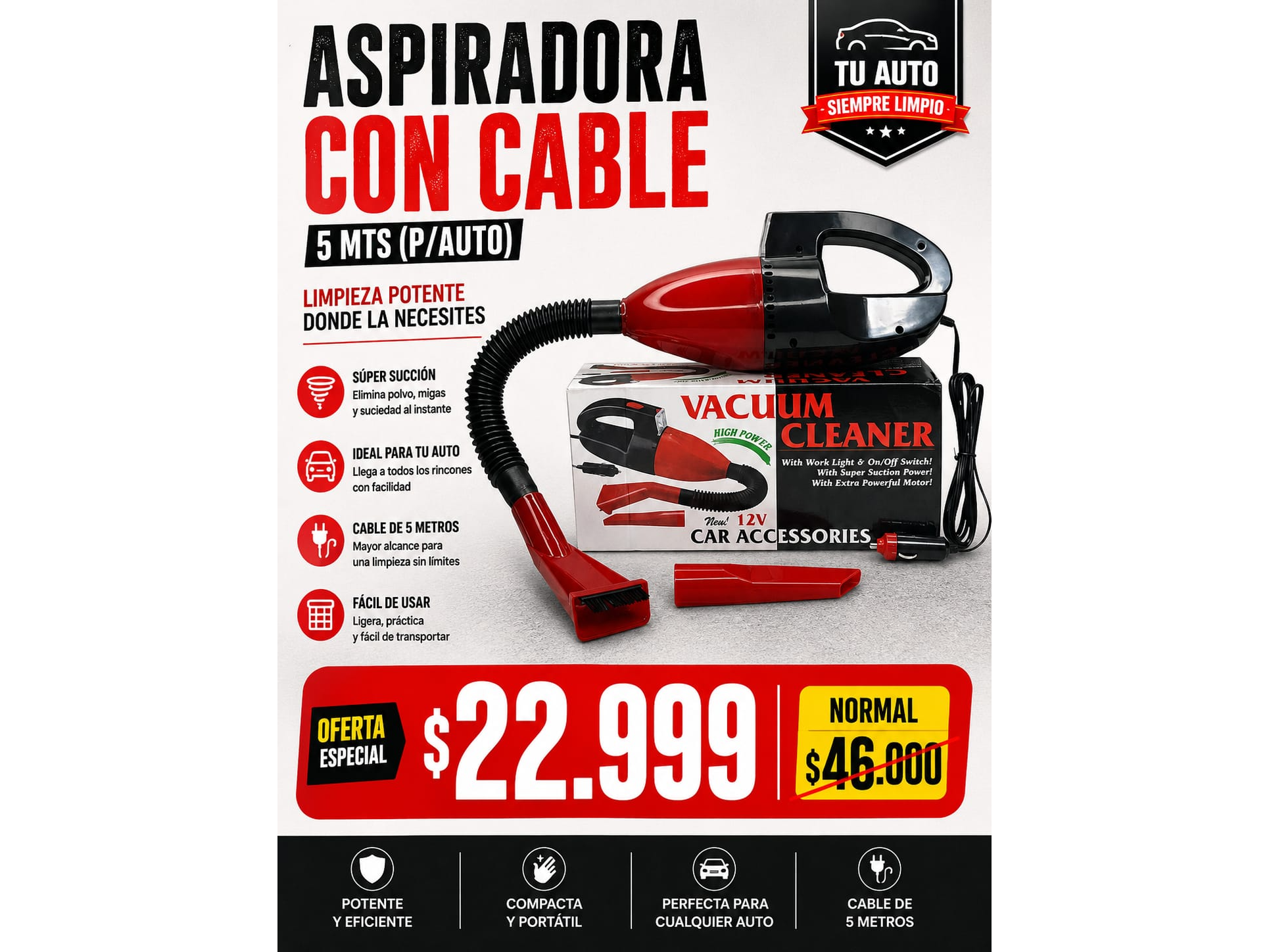 ASPIRADORA CON CABLE 5 MTS  PARA AUTO