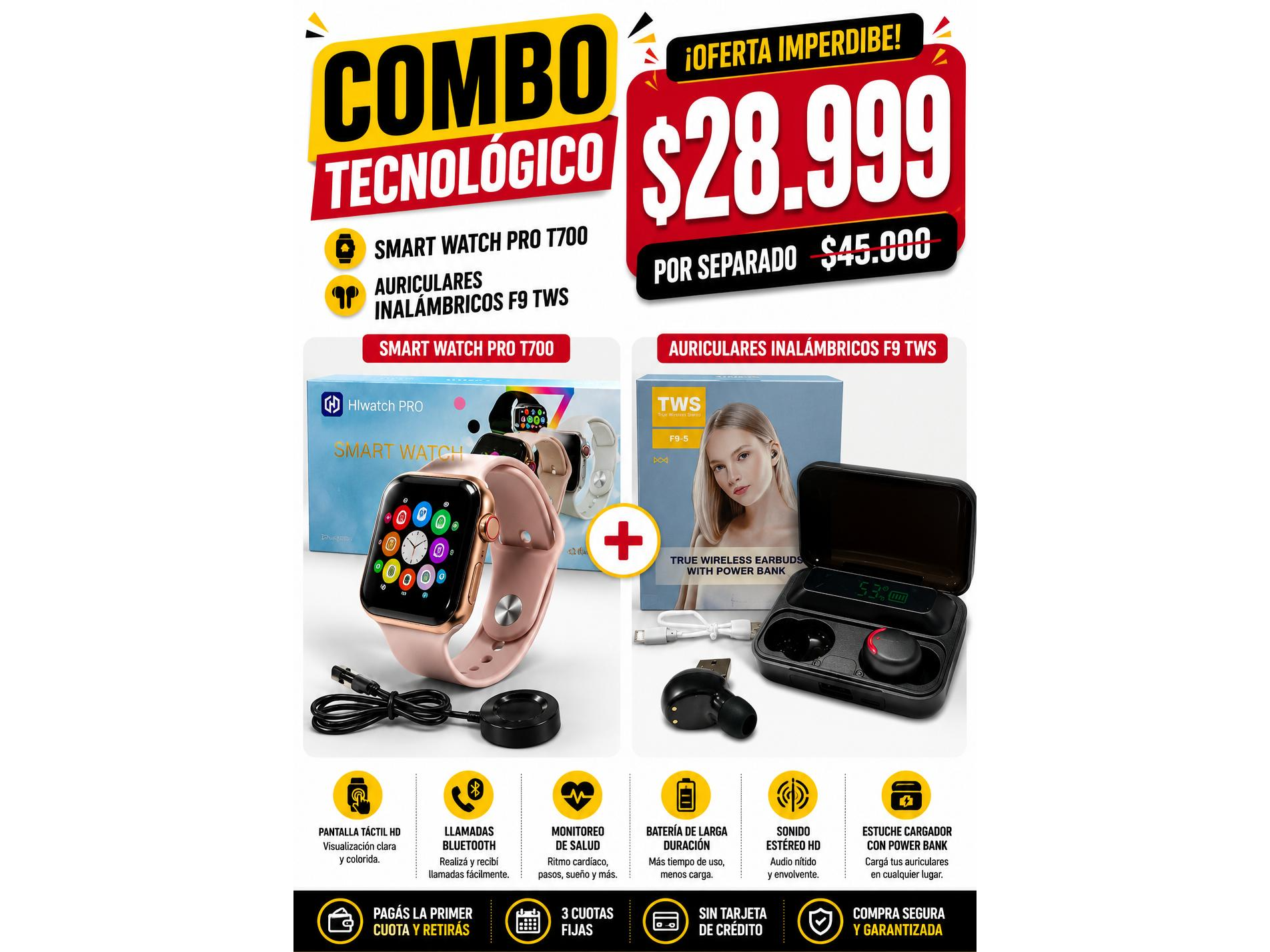 SMARTWATCH PRO T700+AURICULARES INALAMBRICO F9 TWS