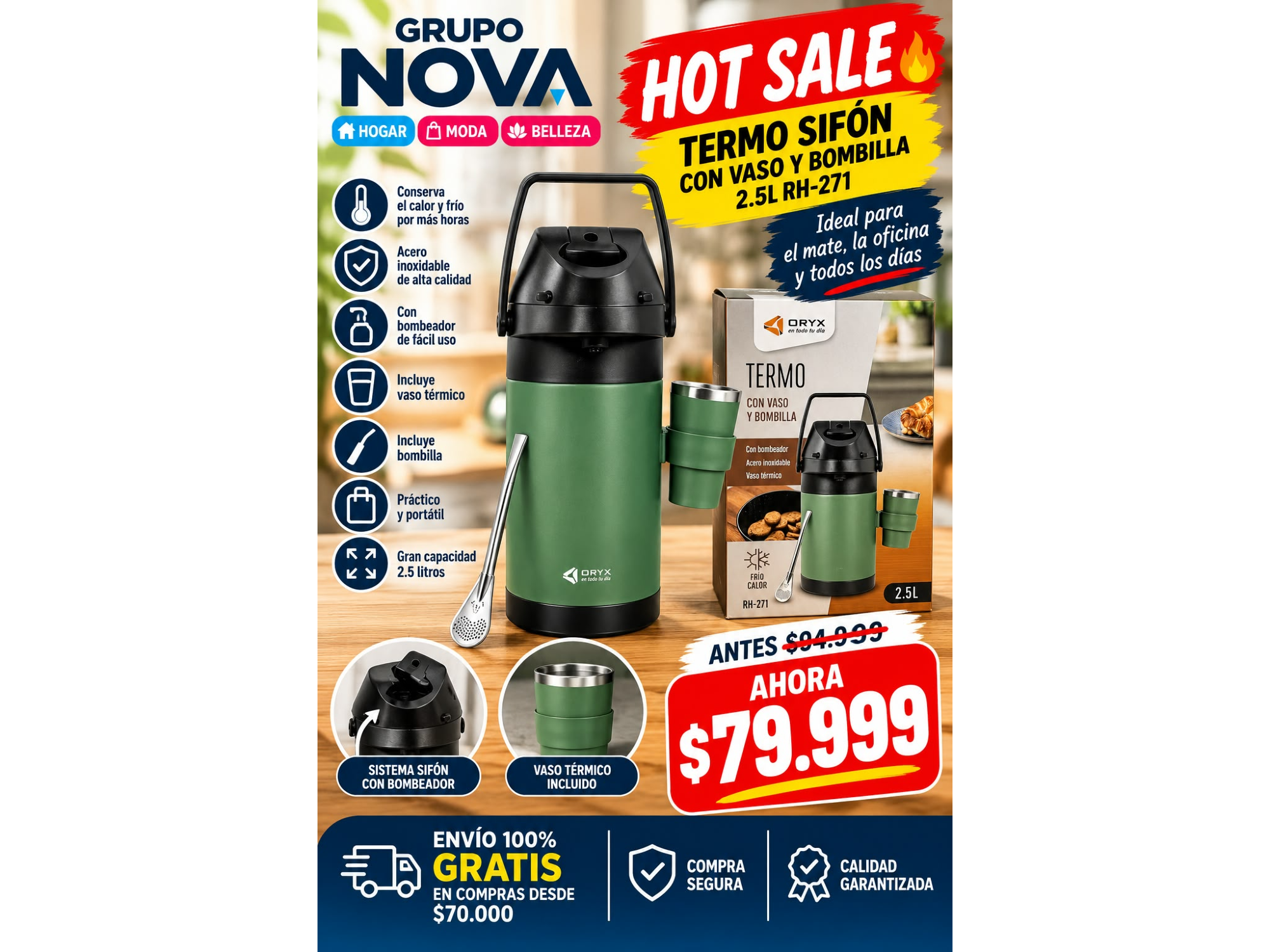 TERMO SIFON CON VASO Y BOMBILLA  2.5 L RH-271