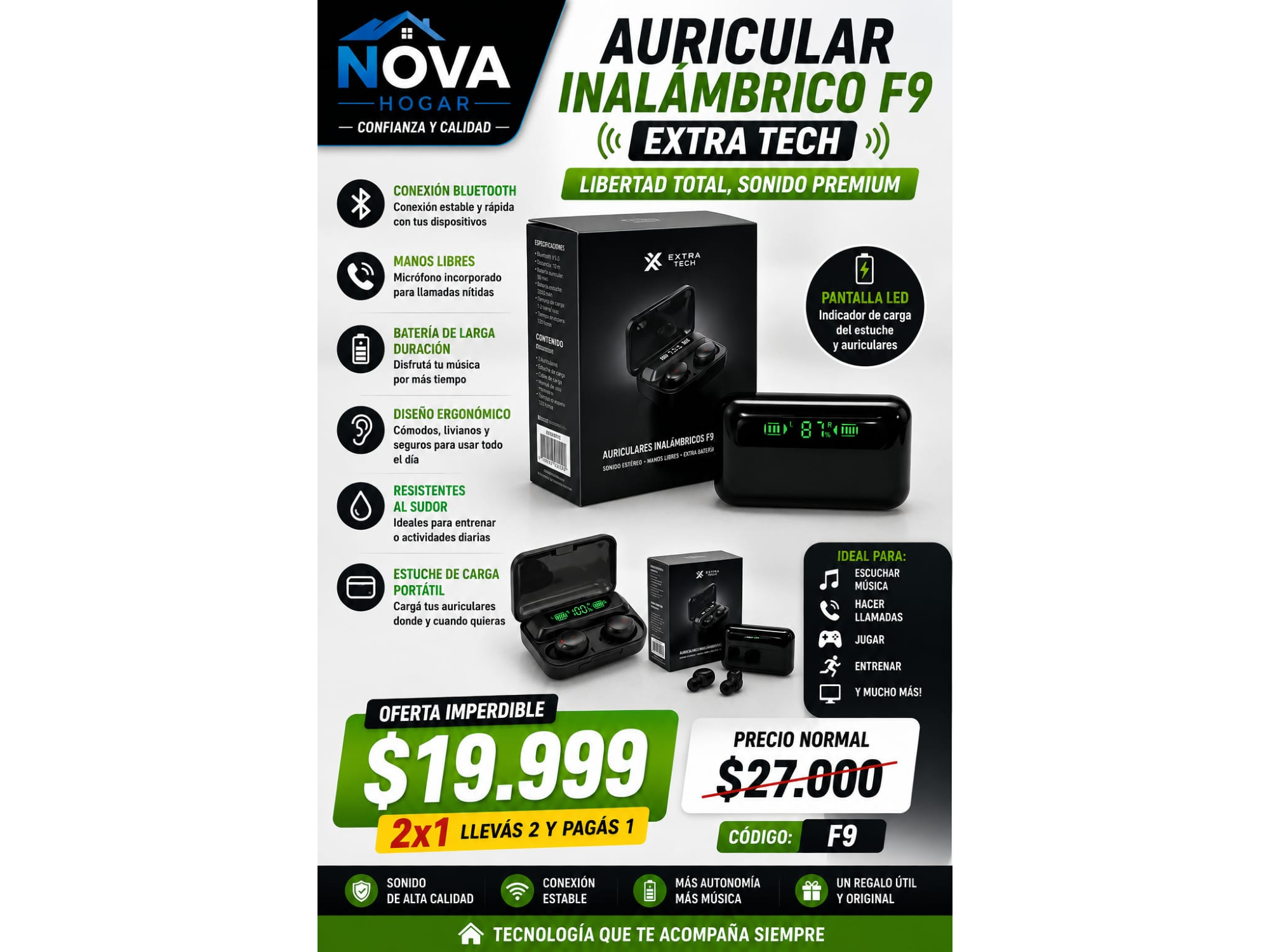 2x1 AURICULAR INALAMBRICO F9 EXTRA TECH(COD:F9)