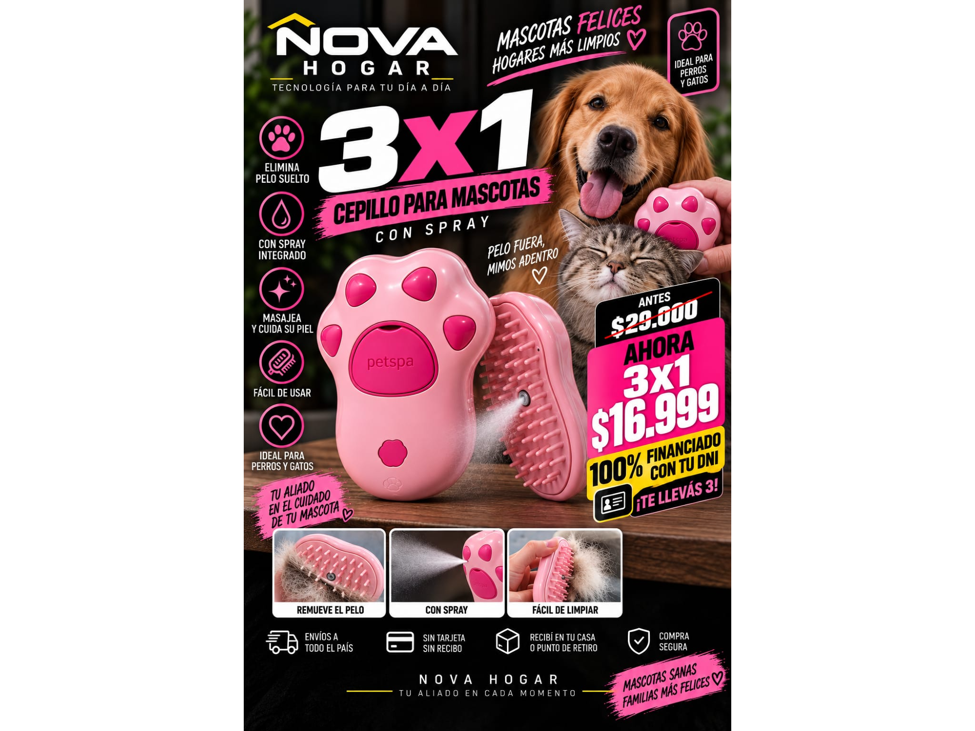 3X1 CEPILLO PARA MASCOTAS CON SPRAY