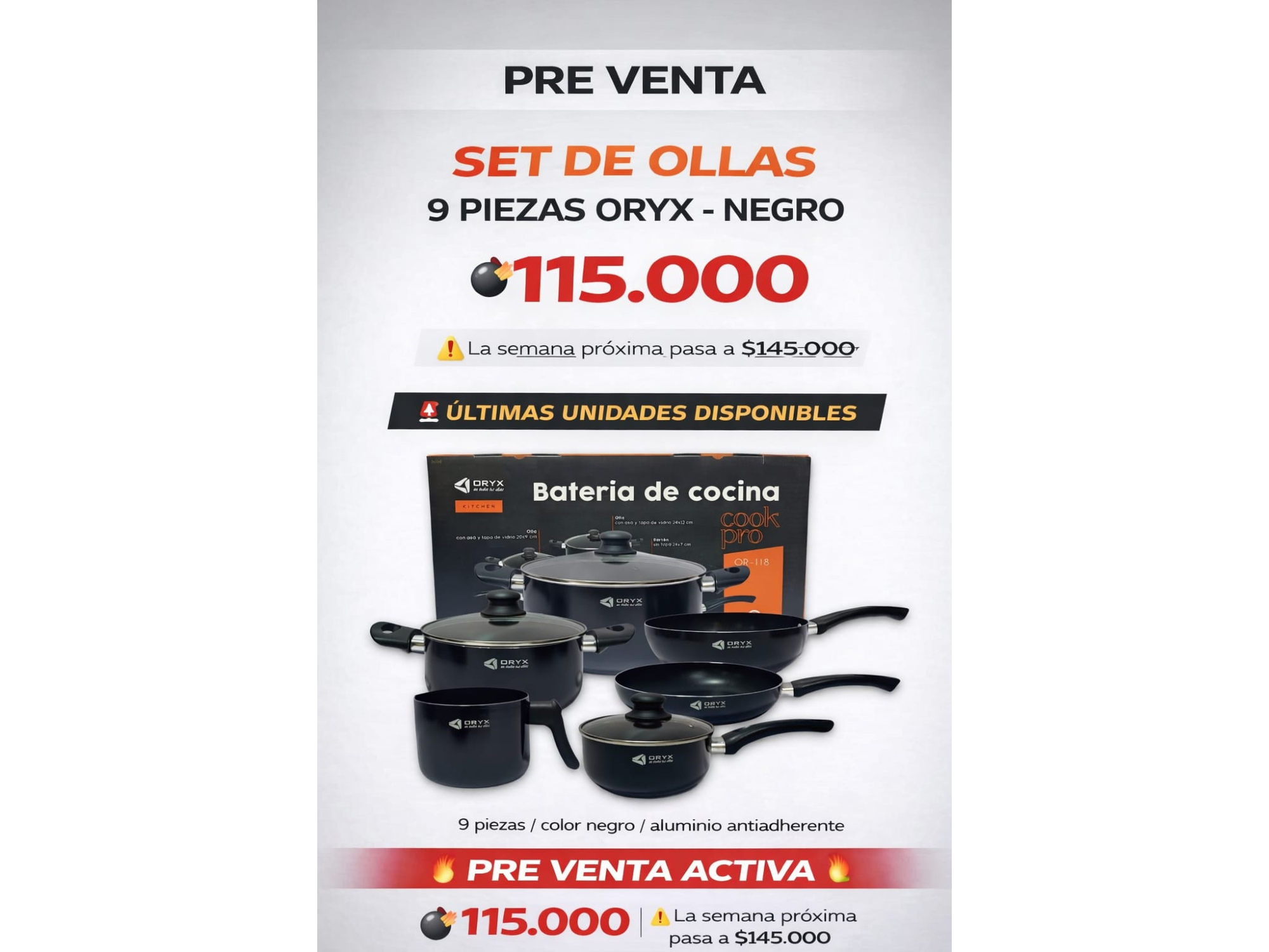 SET DE OLLAS 9 PIEZAS OR-NEGRO