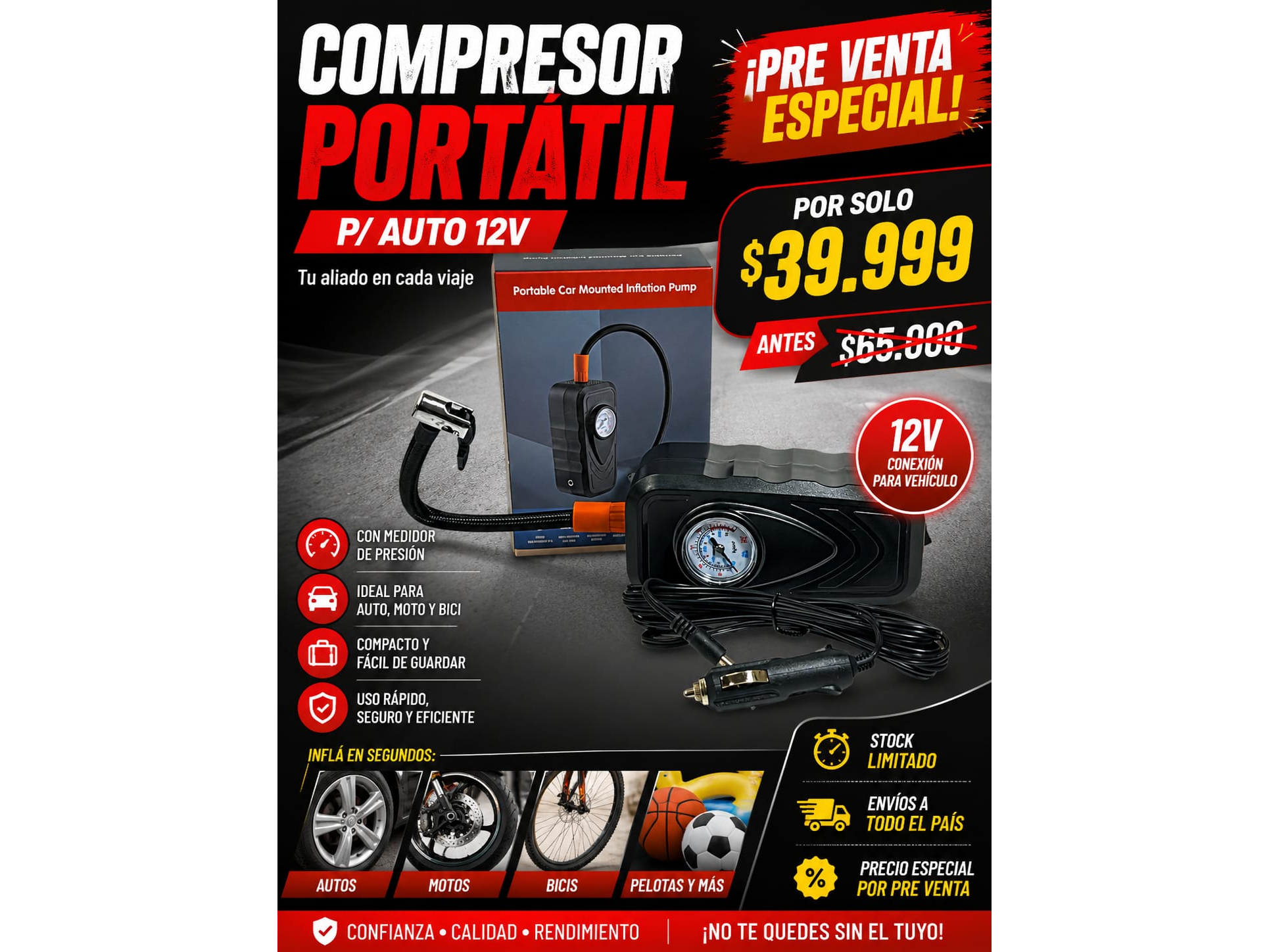 COMPRESOR PORTATIL P/AUTO 12V