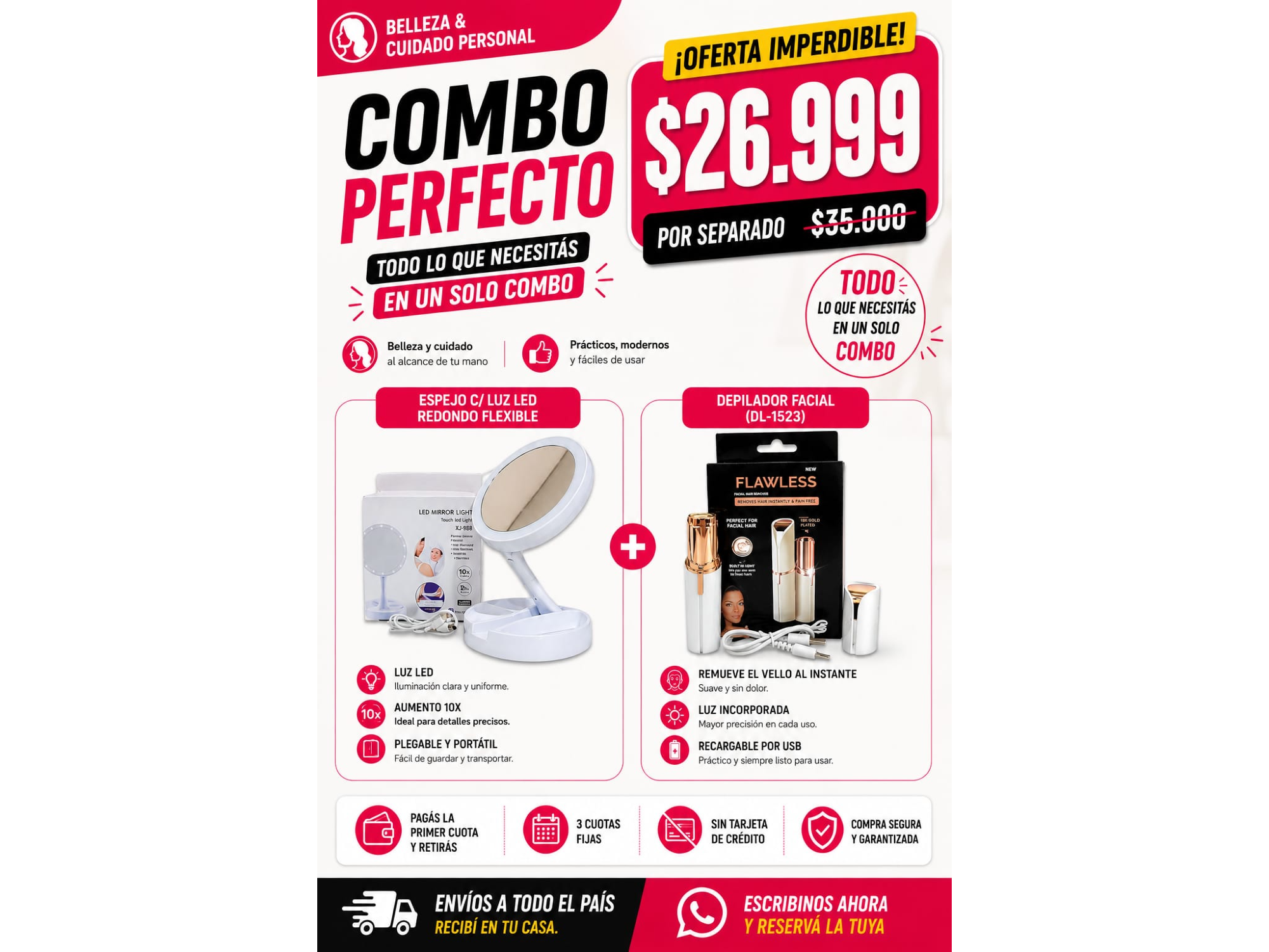ESPEJO C/LUZ LED REDONDO FLEXIBLE+DEPILADOR FACIAL(DL-1523)