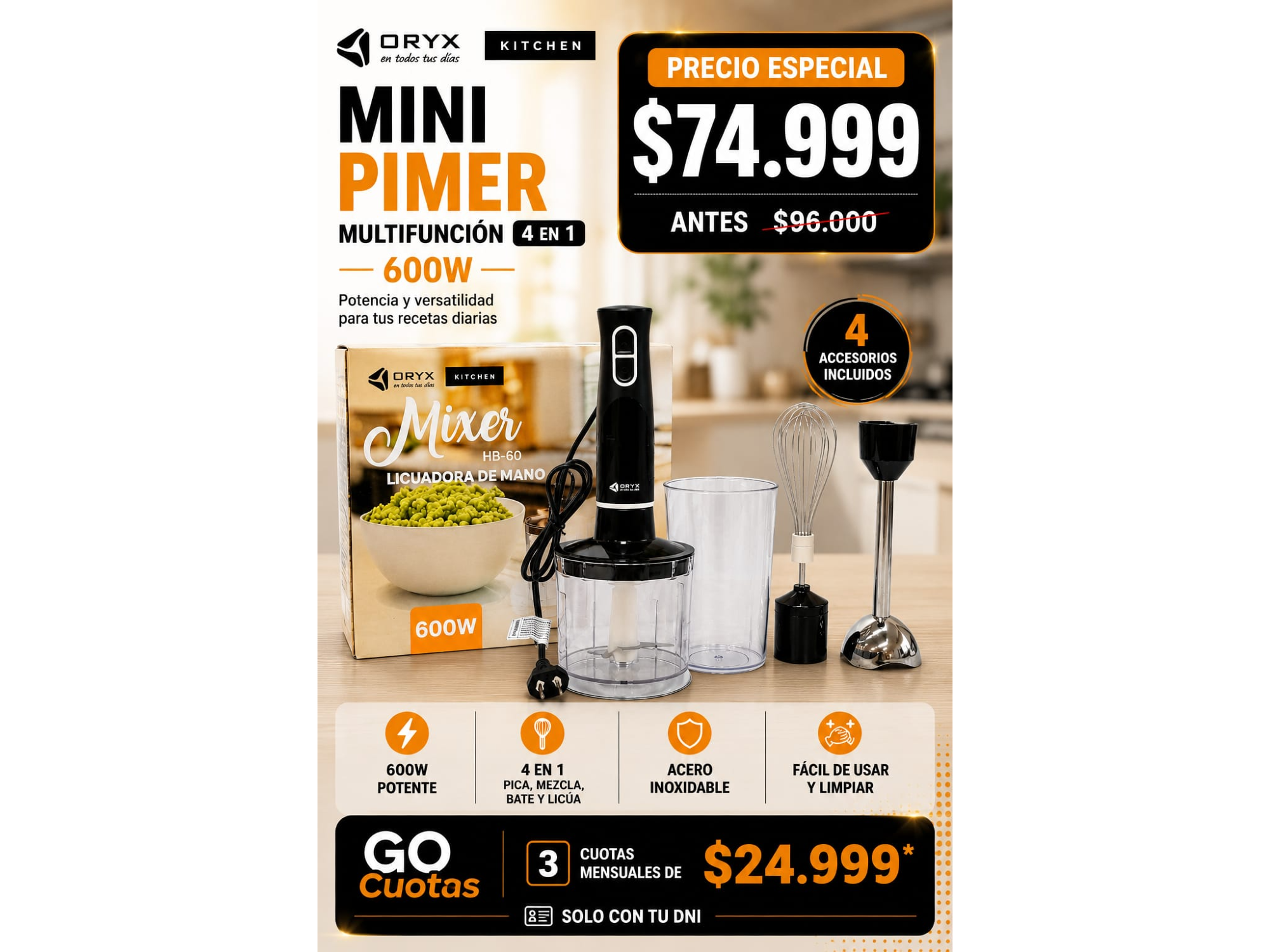MINI PIMER MULTIFUNCION 4 EN 1 600W ORYX