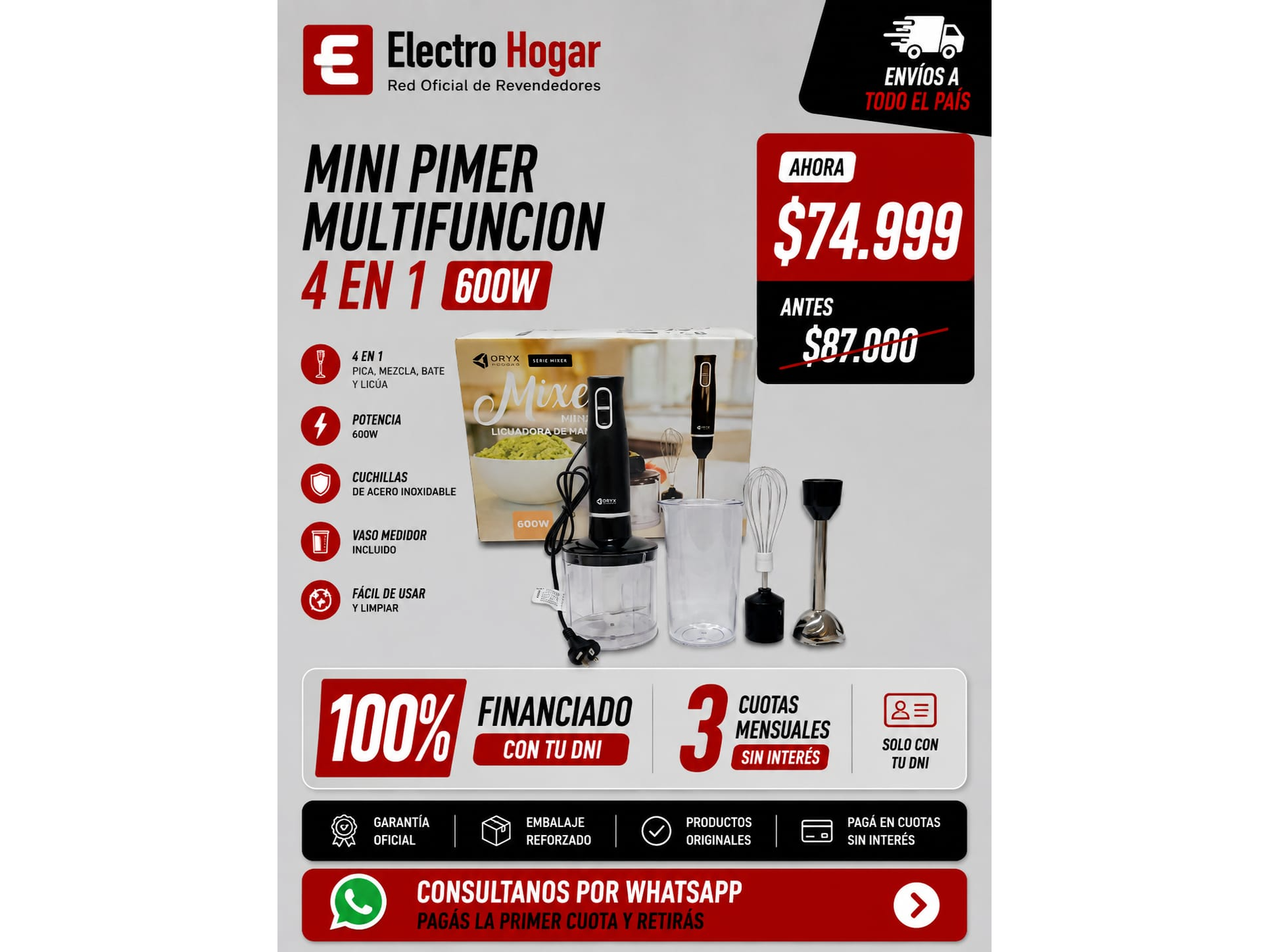 MINI PIMER MULTIFUNCION 4 EN 1 600W ORYX