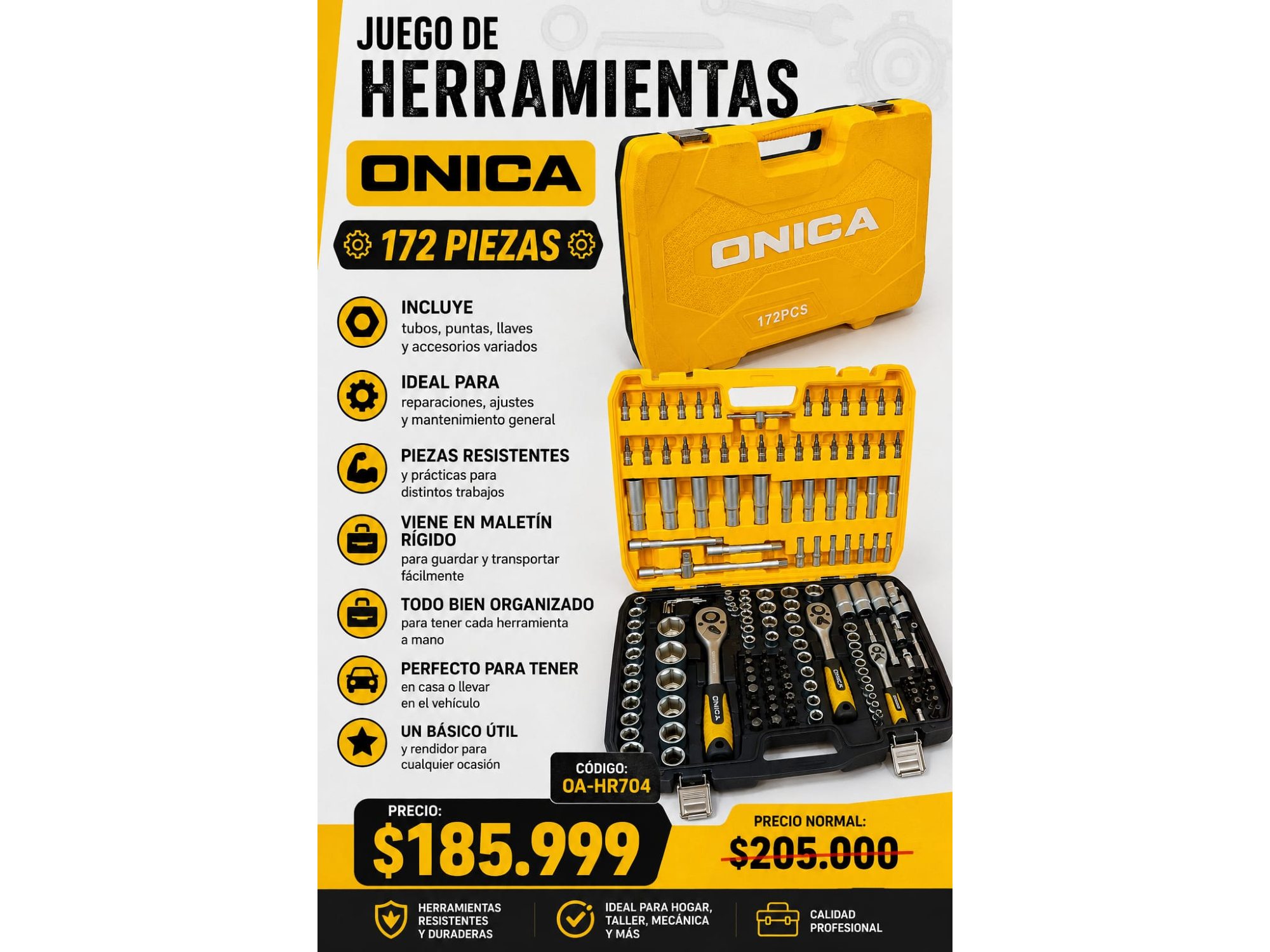 JUEGO DE HERRAMIENTAS ONICA 172 PIEZAS (OA-HR704)