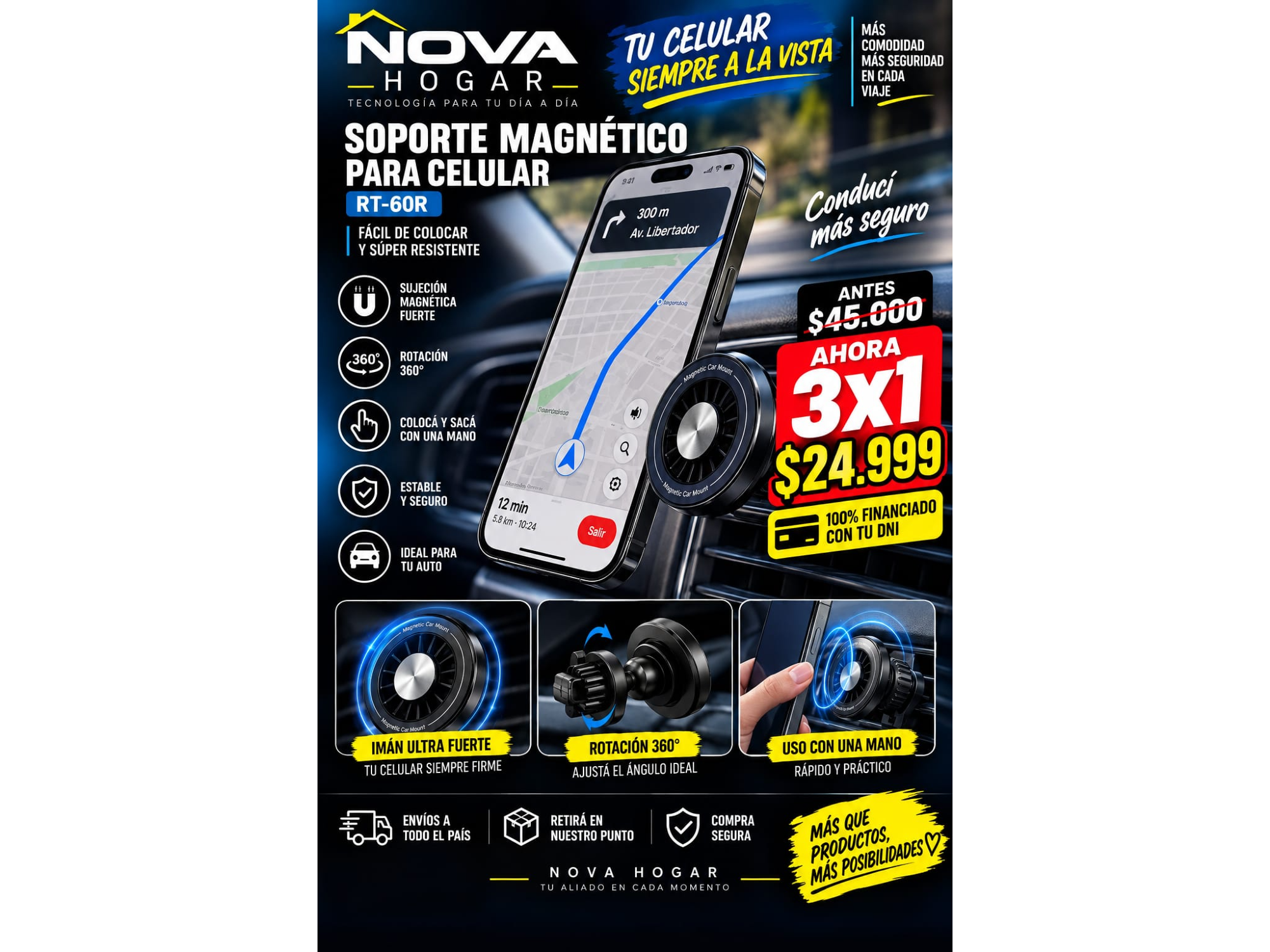 3X1 SOPORTE MAGNÉTICO PARA CELULAR (RT-6OR)