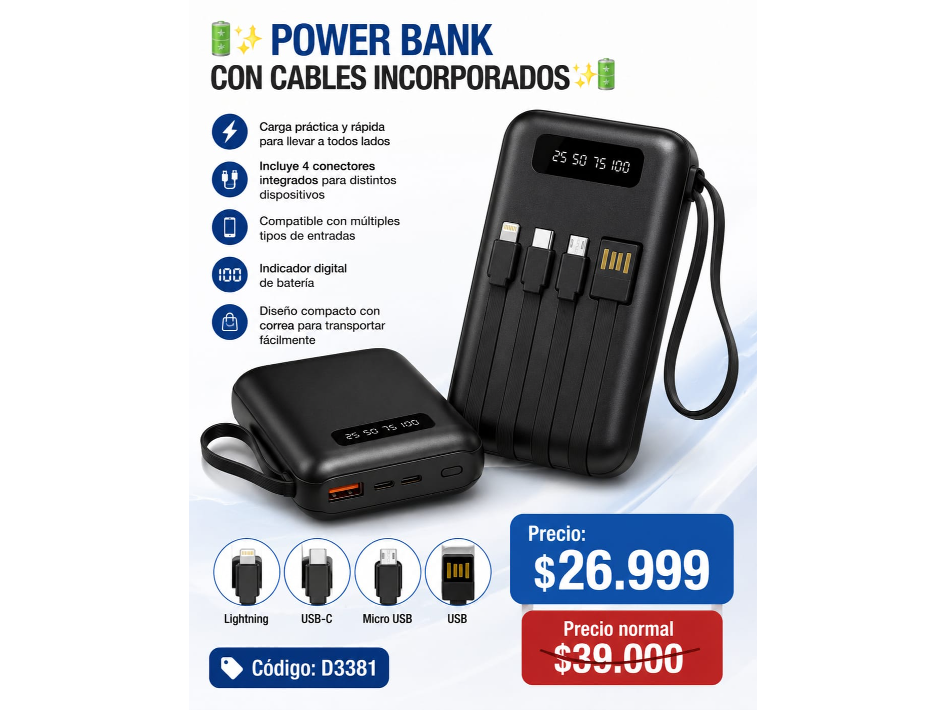 POWER BANK CON CABLES INCORPORADOS(COD:3381)