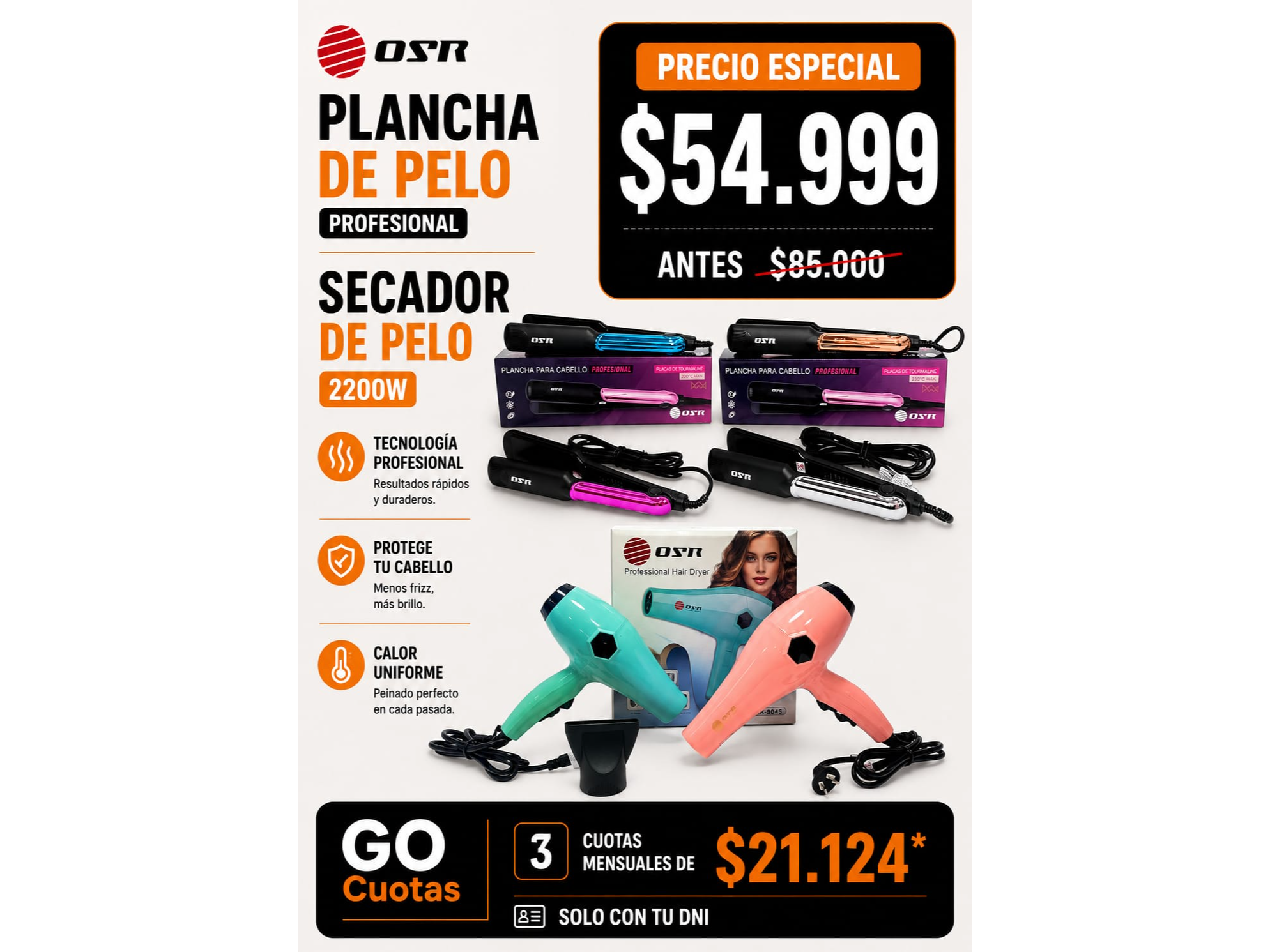 PLANCHA DE PELO PROFESIONAL+SECADOR DE PELO 2200W OSR