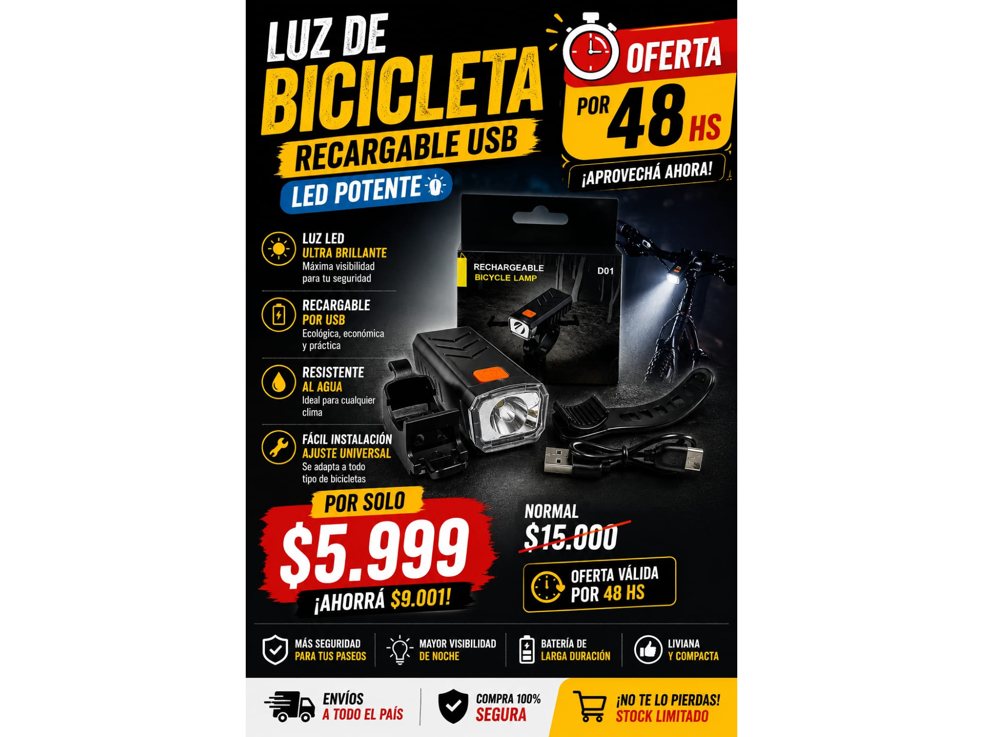 LUZ DE BICICLETA RECARGABLE USB