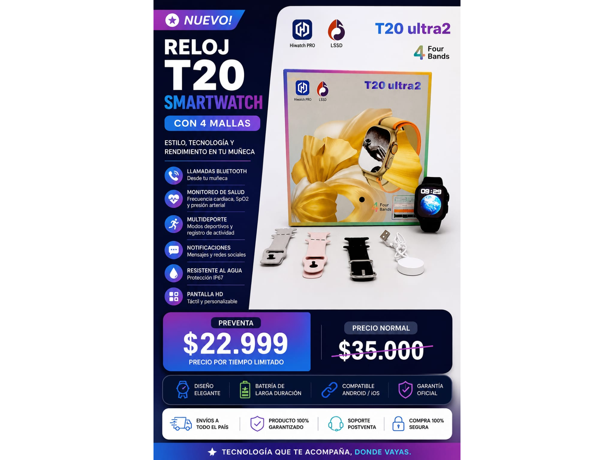 RELOJ T20 SMARTWATCH CON 4 MALLAS